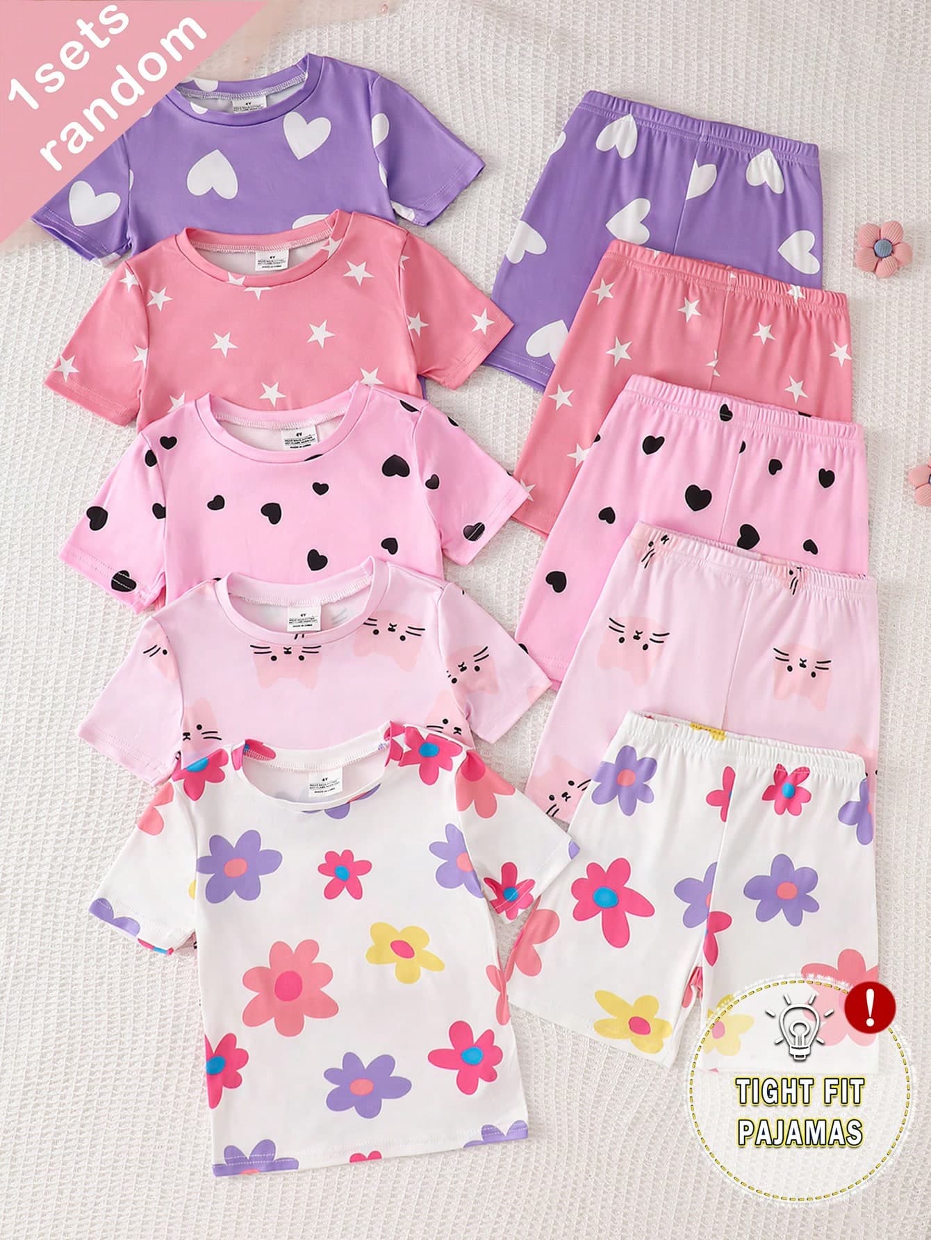 (5 Sets Randomly Sent 1 Set) Girls Toddler Knit Round Neck Pink Purple Light Pink White Cartoon Pattern Heart Star Flower Cat Print Comfortable Casual Simple Fitted Loungewear Summer