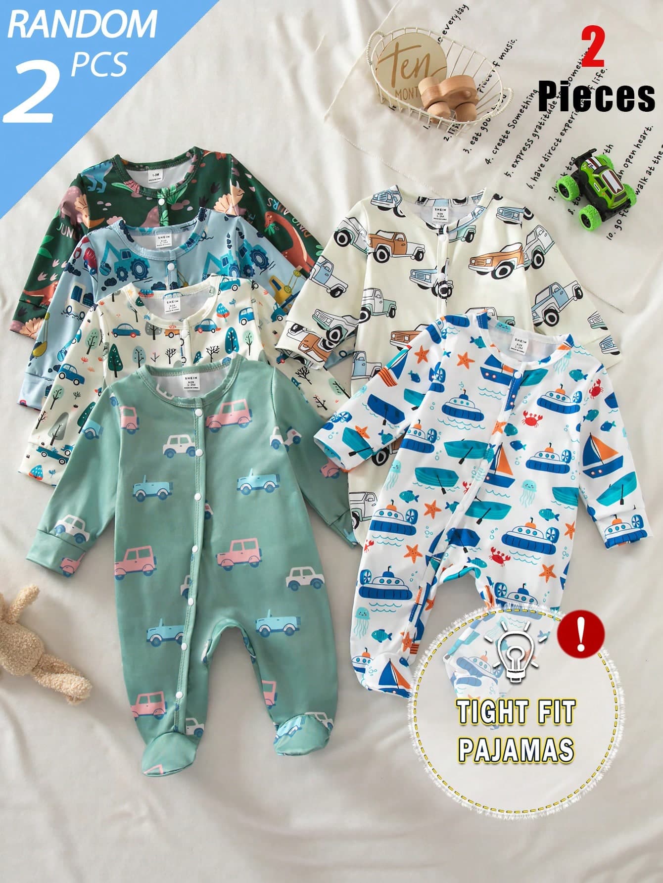 Random 6 Sets Send 2 Sets, Newborn Long Sleeve Footed Romper Cute Playful Dinosaur Car Truck White Blue Dark Green White Light Blue Fashion Pattern 3-Piece Set Jumpsuit Loungewear Best Gift For Newborn