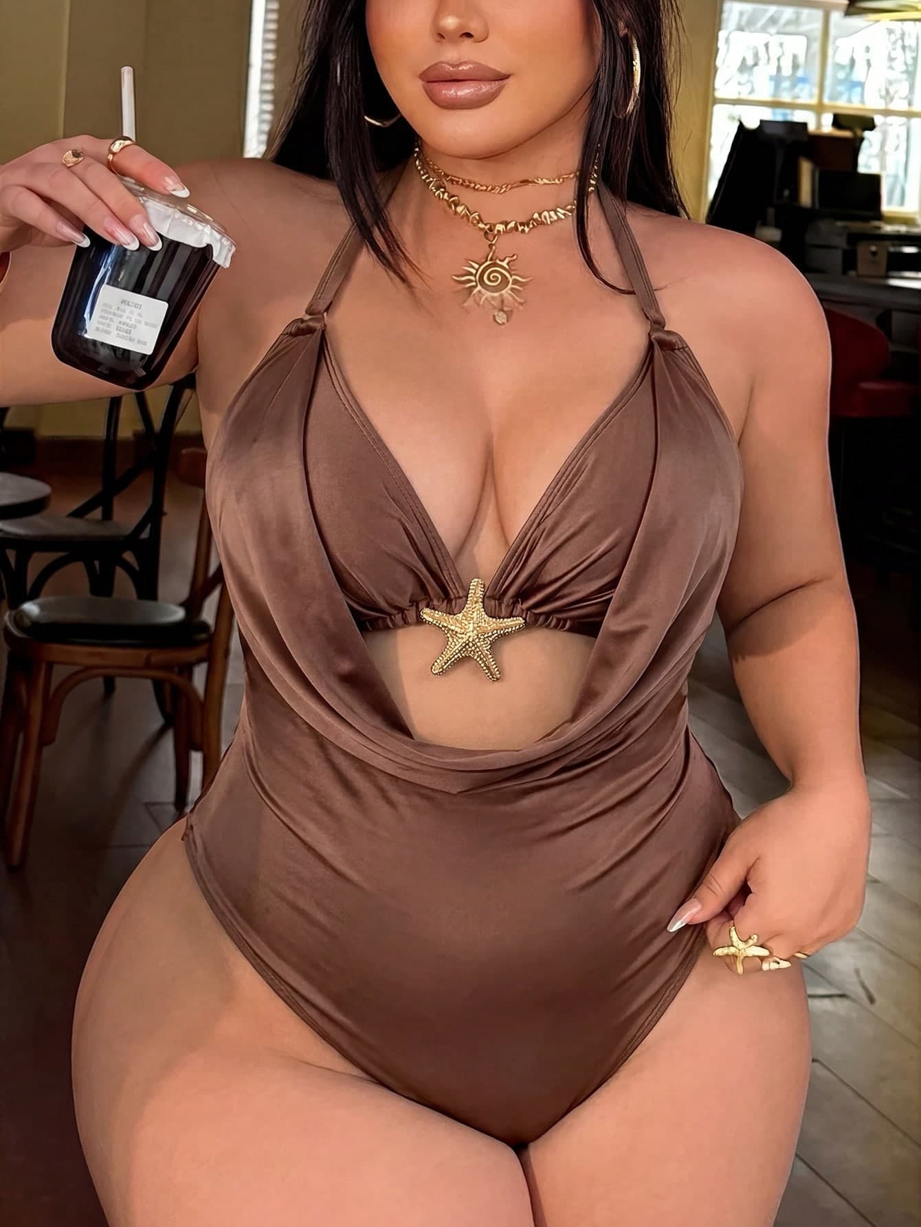 Swim SXY 2026 Spring/Summer New Cowl Neck Backless Glossy Fabric Brown Metallic Starfish Sexy Vacation Beach Seaside Casual Plus Size One-Piece Swimsuit