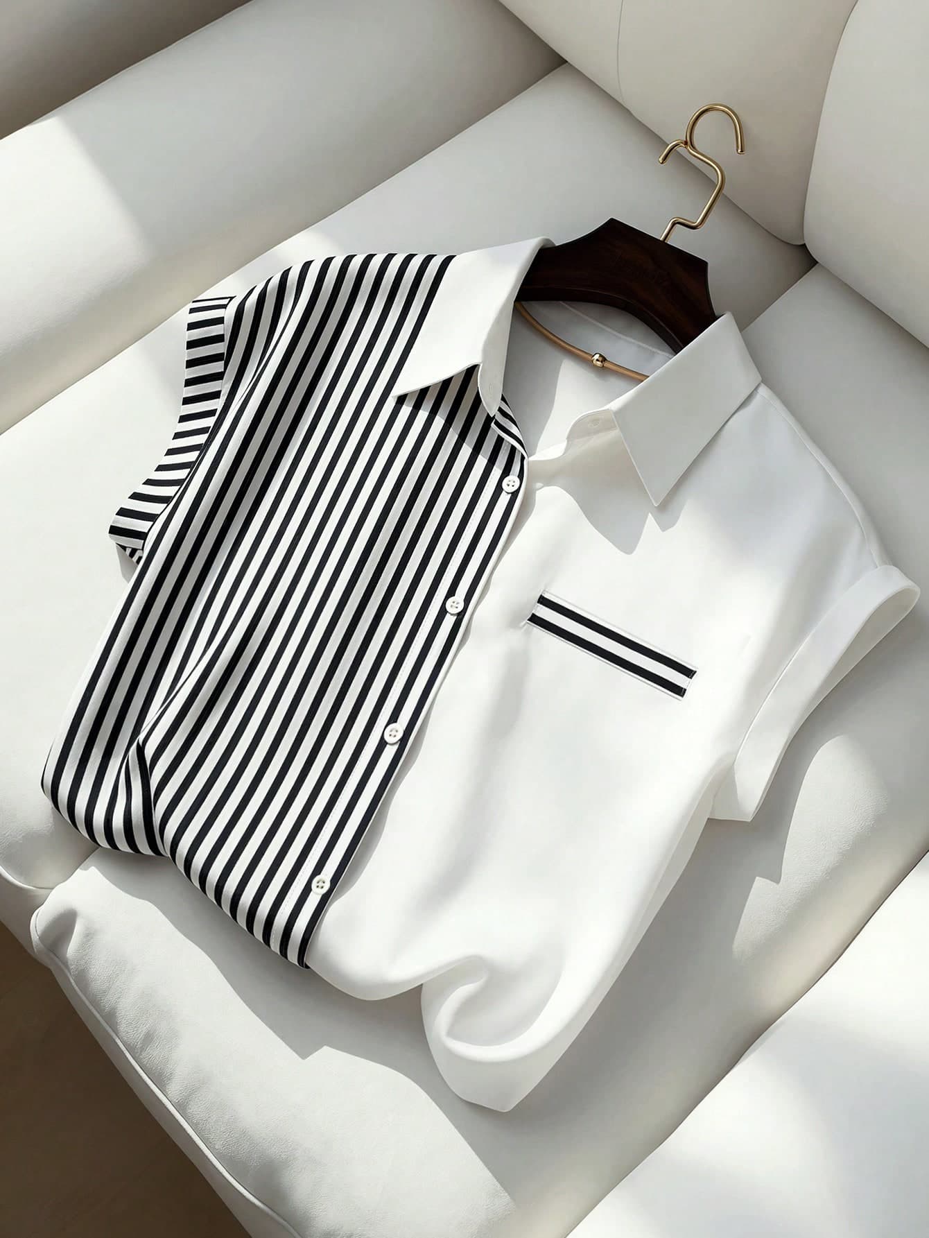 GlowEve Women's Shirt, Summer Elegant Office Work Black And White Striped Button-Front Collared Loose Batwing Sleeve Casual Business Commuter