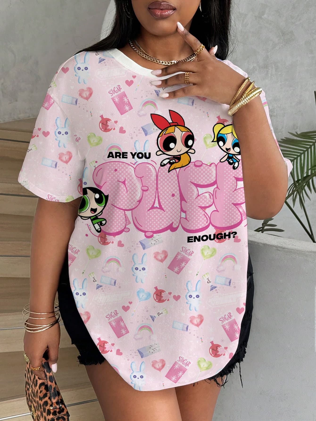 THE POWERPUFF GIRLS X SHEIN Plus Size Summer Casual Cartoon Print T-Shirt