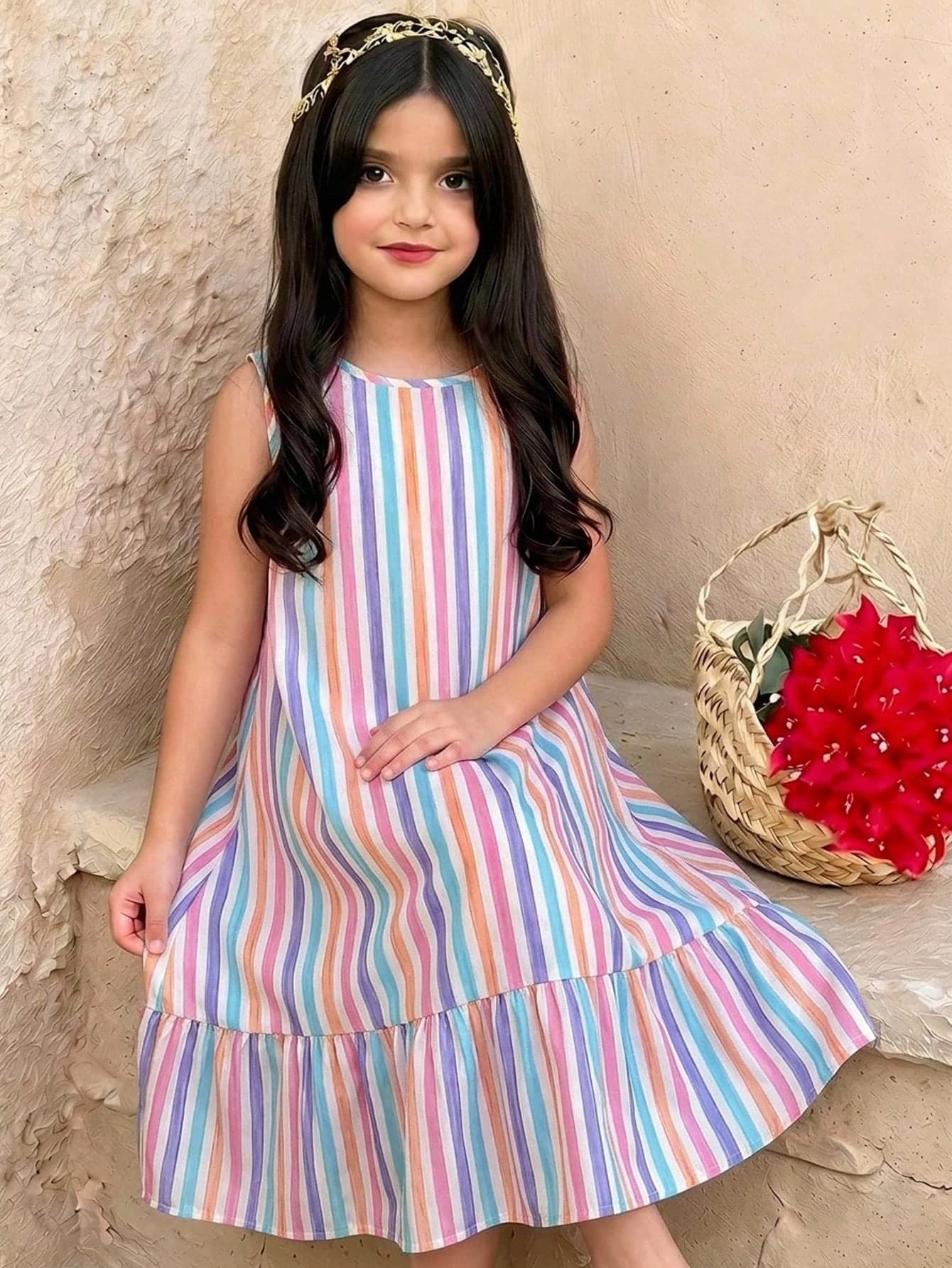 SHEIN Tween Girl Tween Girl Fashion Casual Round Neck Sleeveless Striped Dress