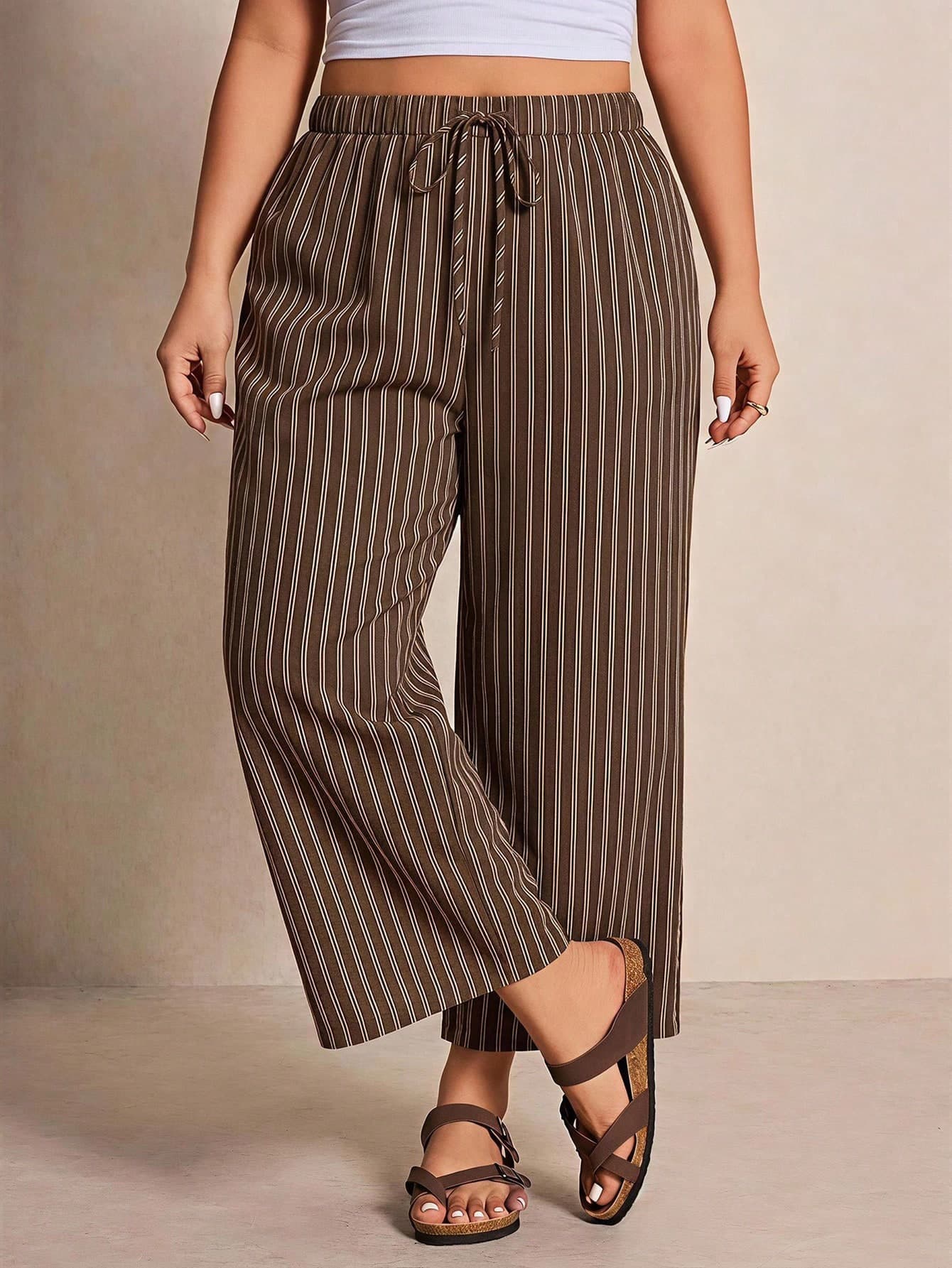 SHEIN Essnce Casual Streetwear Vintage Striped Print Plus Size Women's Waist Tie Straight Leg Brown Long Pants, Suitable For Summer, Vacation