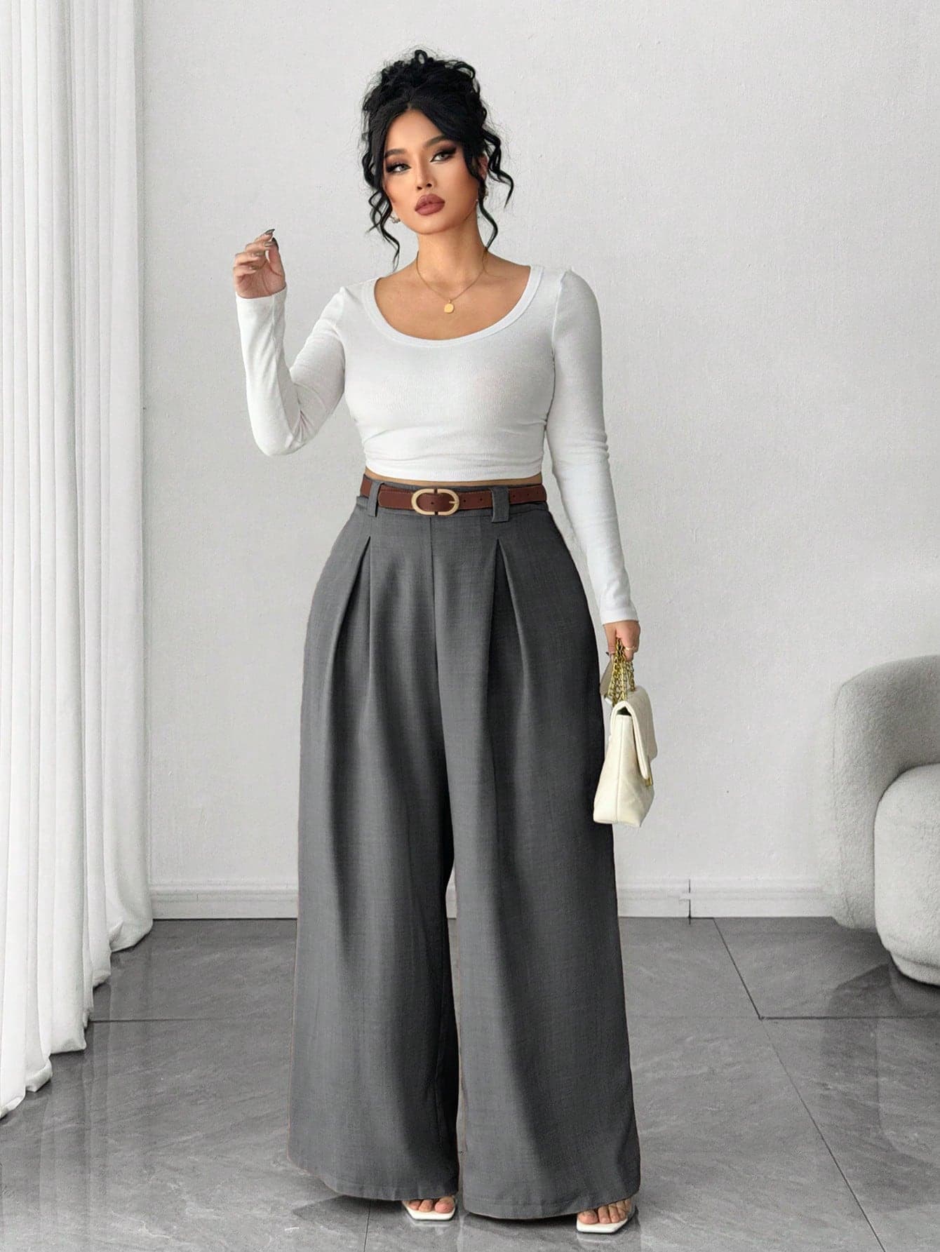 Elenzga Plus Size Women's Long Pants, Solid Apricot Wide Leg Pants, Elegant Style, Fashionable Commute, Office Wear