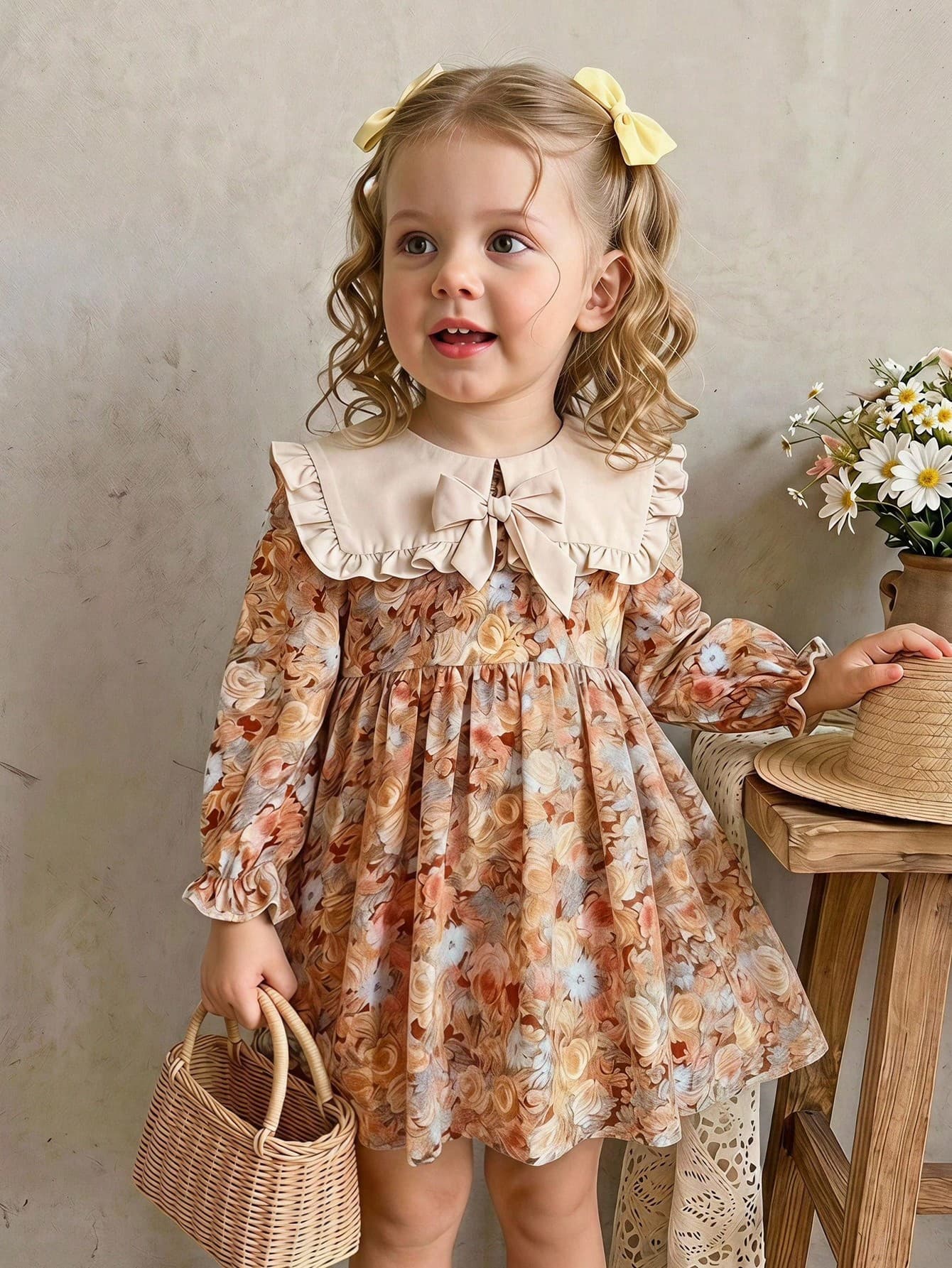 LMoss Kids Baby Girl Woven Elegant Cute Floral Pattern Colorblock Bow Dress