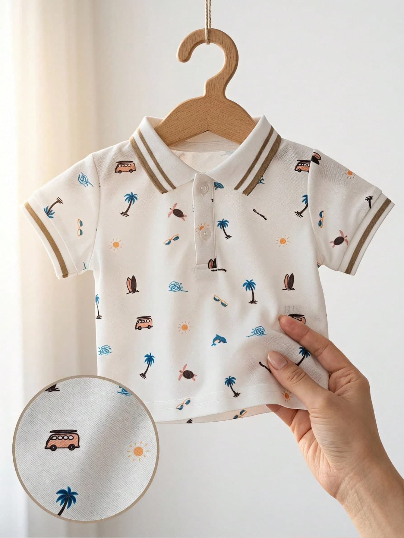 Souflis Souflis Baby Boy Casual Striped Decor Half-Open Placket Button Collar Short Sleeve Polo Shirt, Suitable For Daily, Vacation Travel, Summer, 3M-3Y