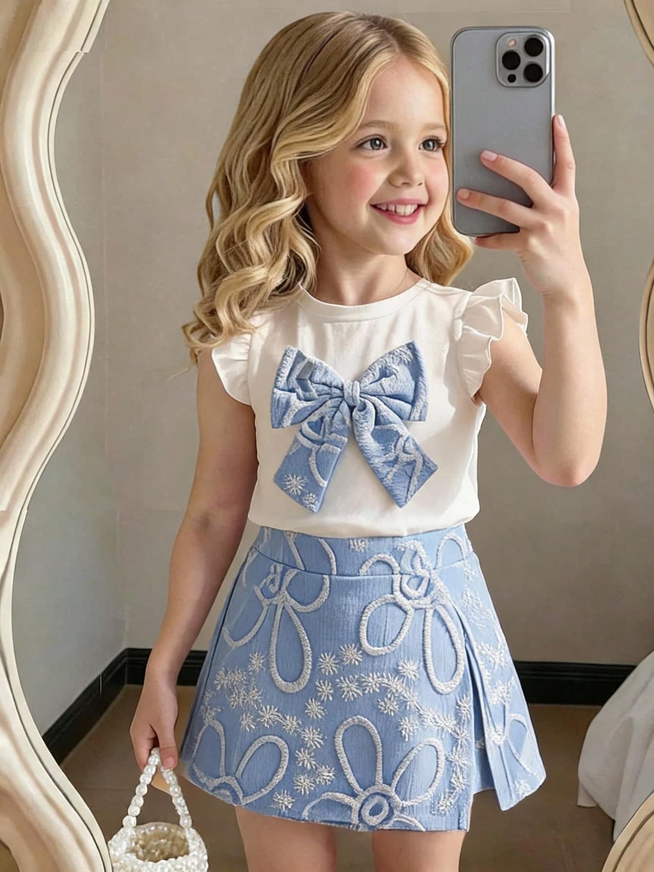 4-7Y Girls Sweet Bow Decor Beaded Flutter Sleeve Round Neck Top Elastic Waist Pink Beaded Decor Split Shorts 2 Pieces Set Birthday Summer