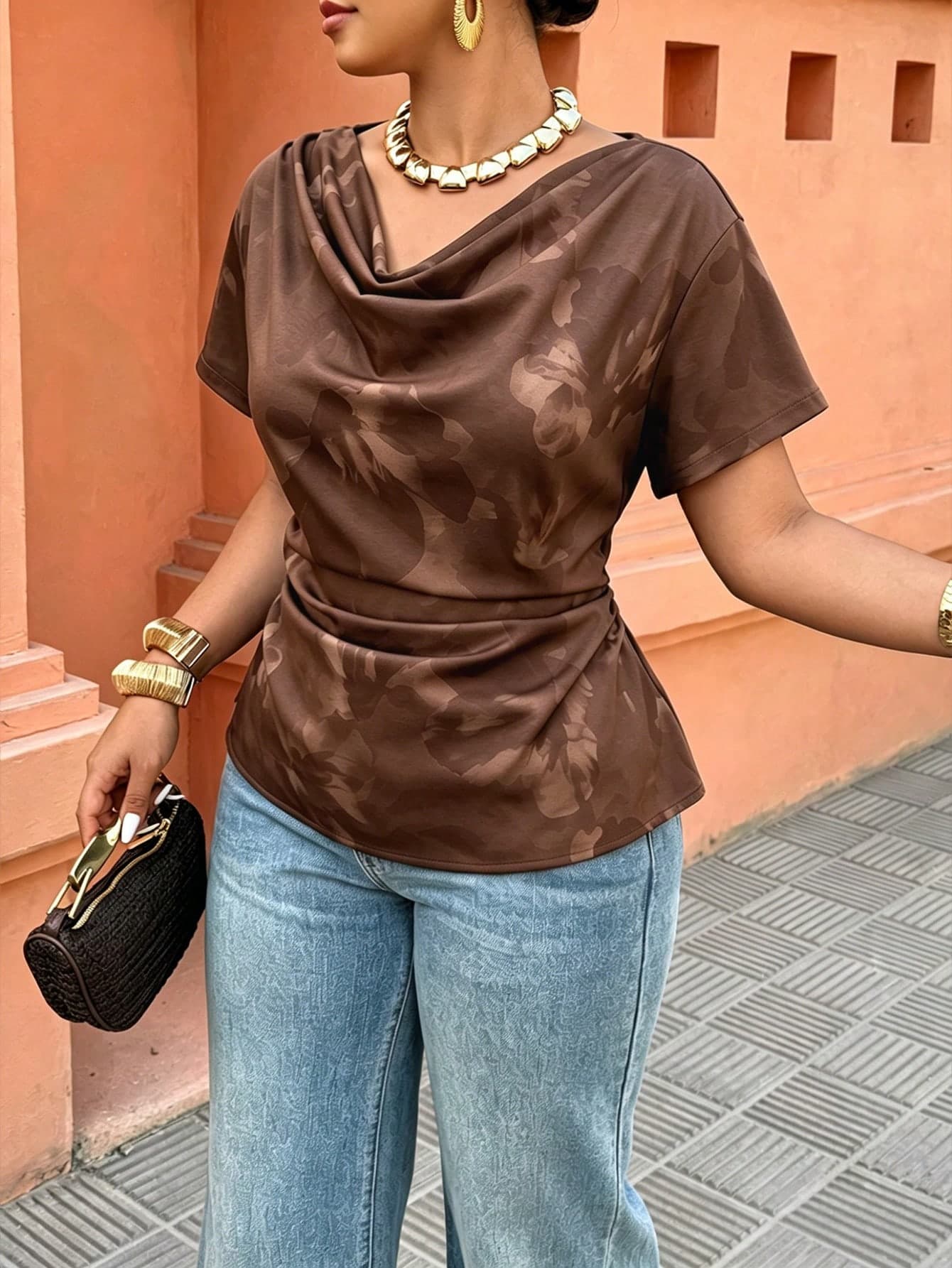 Weeklong Spring/Summer Women's Cowl Neck Pleated Tie-Front Printed Cinched Waist Blouse, Casual Elegant Vacation Shirt For Dating, Afternoon Tea, And Gatherings