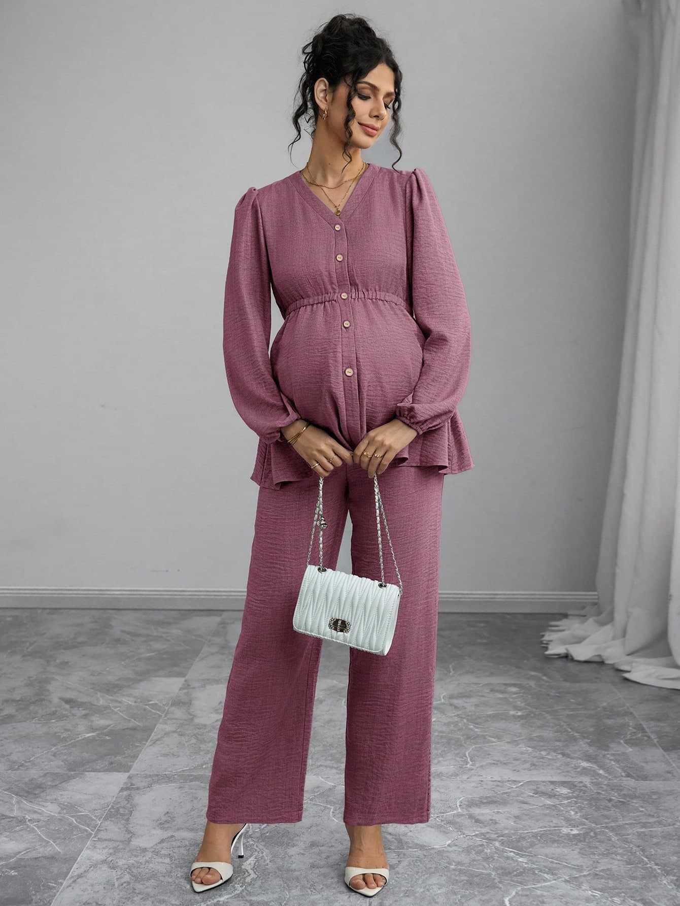 Momance 2pcs Maternity Set Long Sleeve Shirred Front Button Opening Waist Pleated Design Loose Long Pants Business Casual Elegant Outfit Daily Commute
