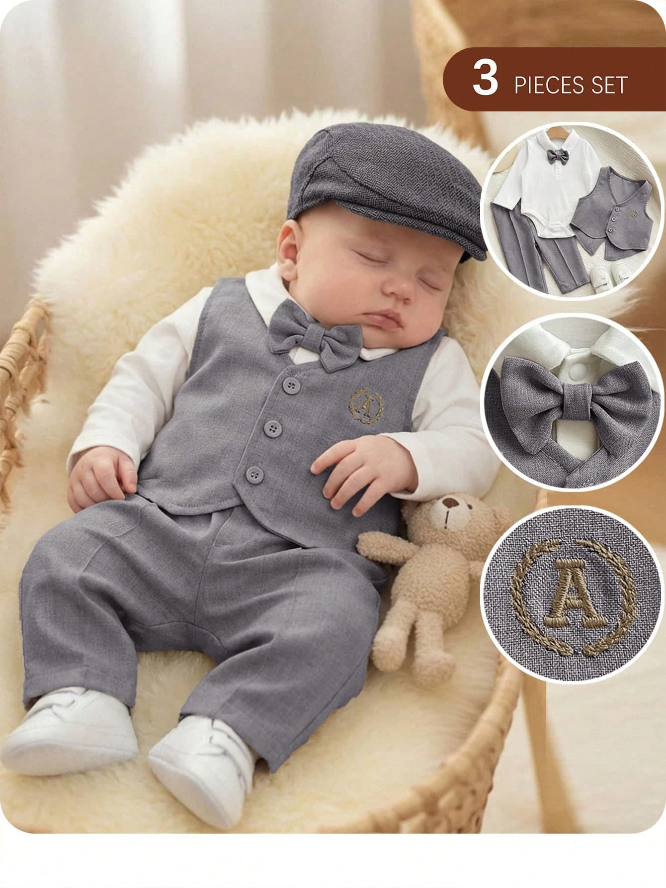 Newborn Baby Boy College Style Cute Casual Vest Jacket Pants Bow Tie Romper 3-Piece Set