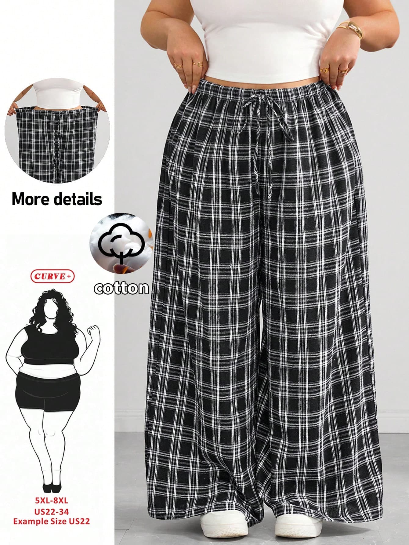 SHEIN CURVE+ Plus Size Women's Drawstring Waist Plaid Casual Versatile Daily Outing Wide Leg Pants Fall