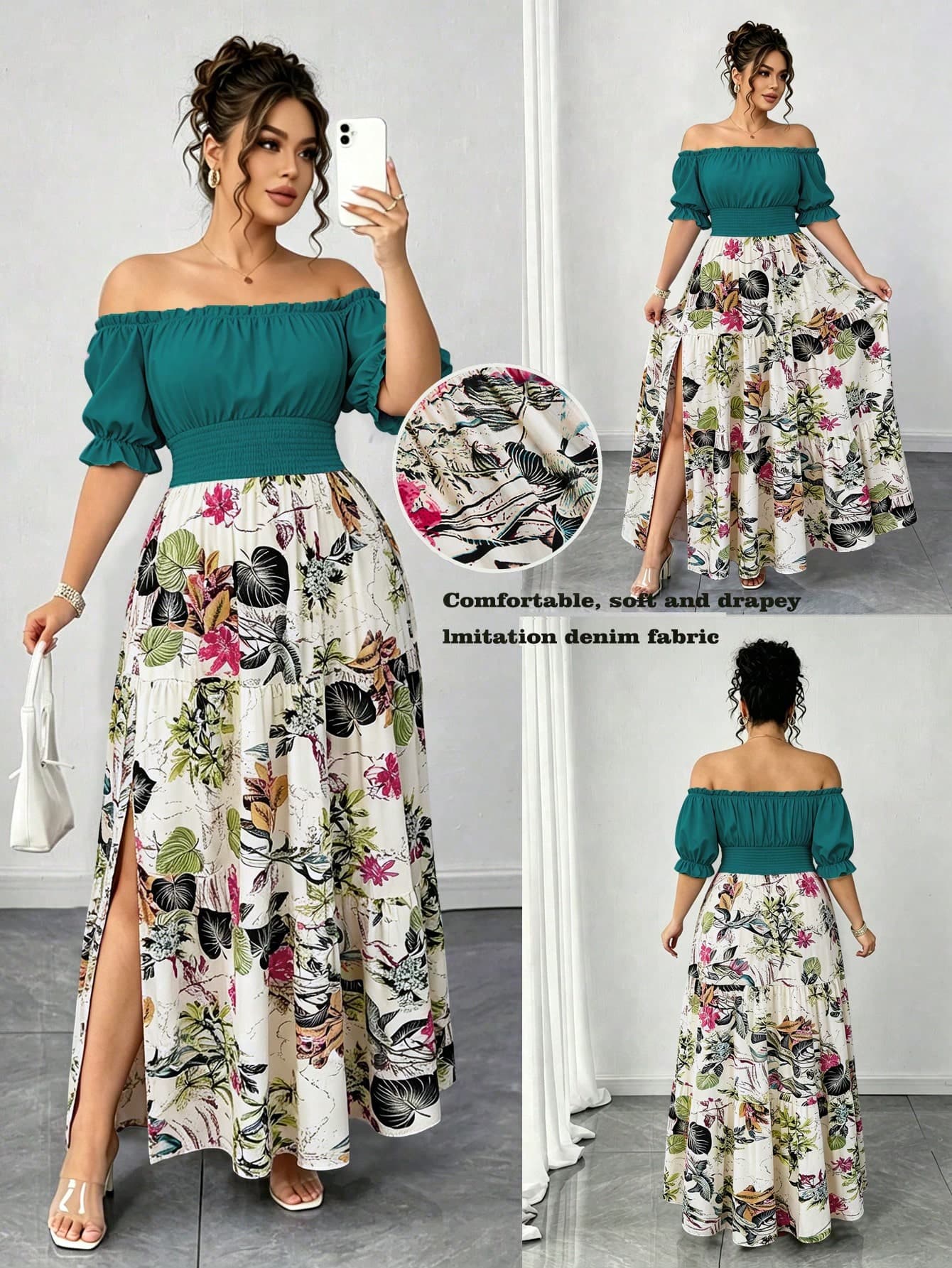 SHEIN Elenzya Plus Size Women's Spring/Summer Green Solid Color Patchwork Floral Print 2 In 1 Dress With Ruched Waist, Puff Sleeves, Off-Shoulder, Elegant Casual Demure Beach Vacation Club Split Long Dress