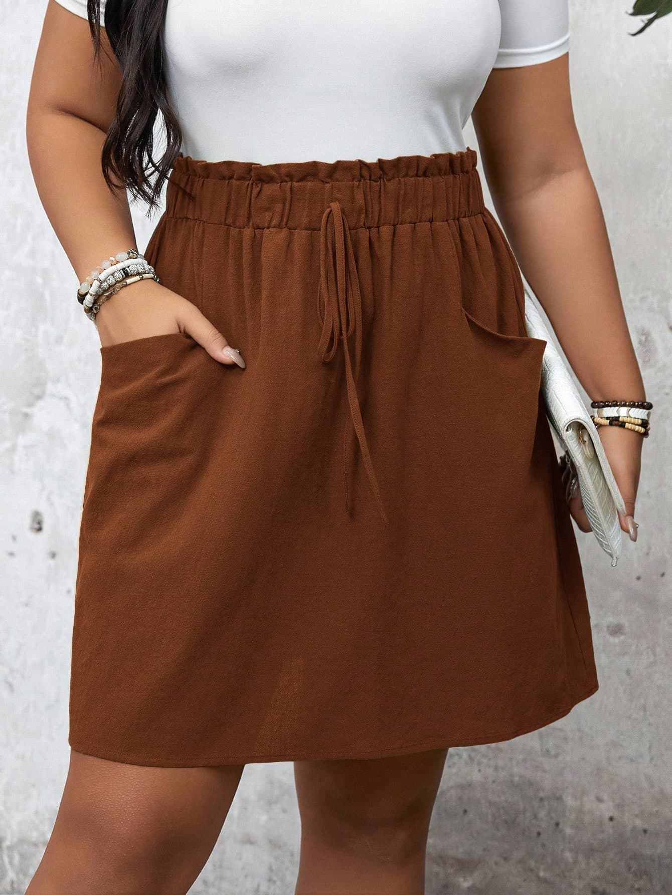 SHEIN LUNE Plus Size Elastic Waist Frill Trim Pocket Skirt