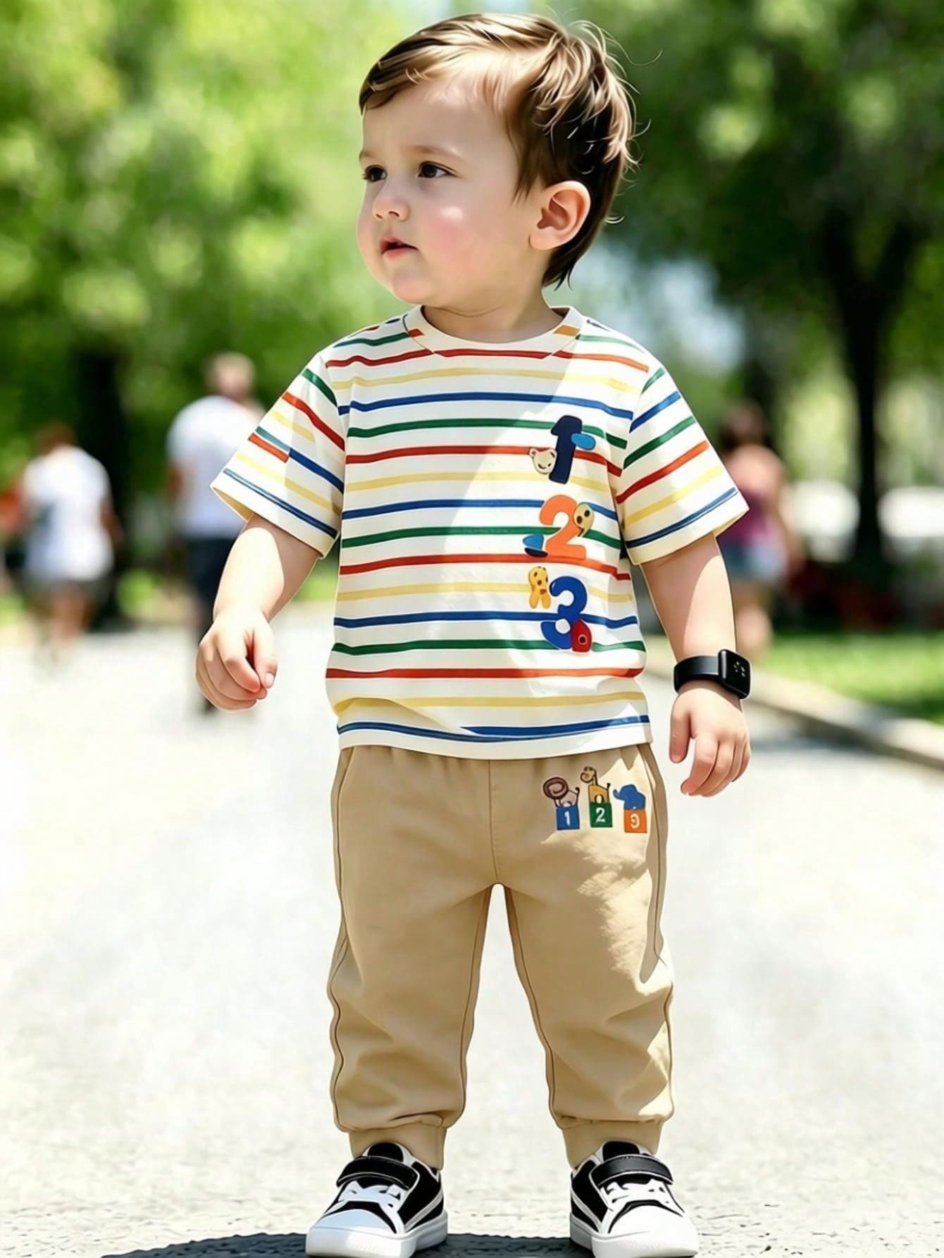 Souflis Souflis Casual Colorful Striped Contrast Cute Animal Number Letter Print Short Sleeve Crew Neck T-Shirt And Matching Print Cuffed Khaki Long Pants Set
