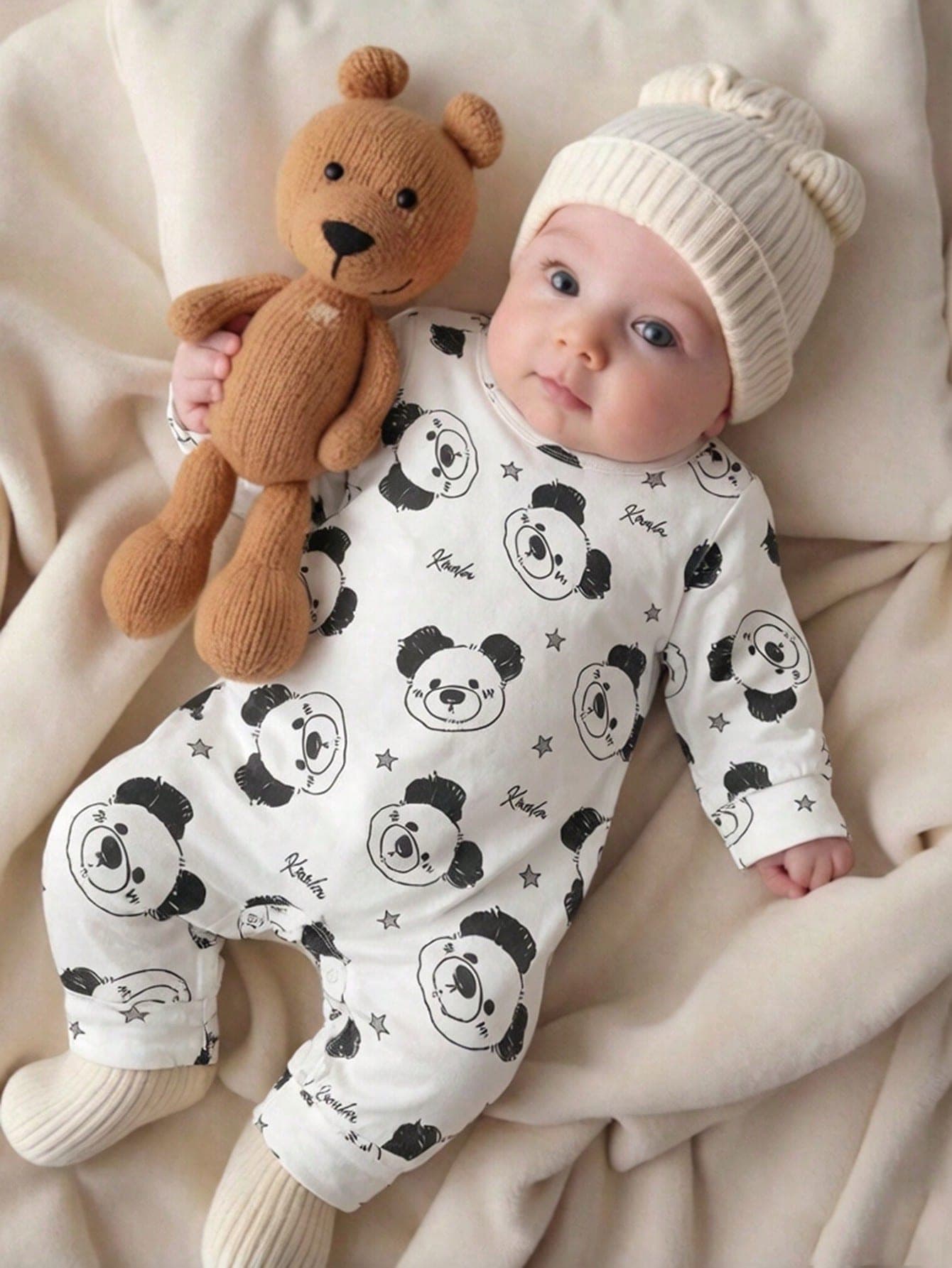 SHEIN Playful Pals Newborn Baby Boy Round Neck Long Sleeve Bear Pattern Romper, Fashionable, Casual, Minimalist & Cute