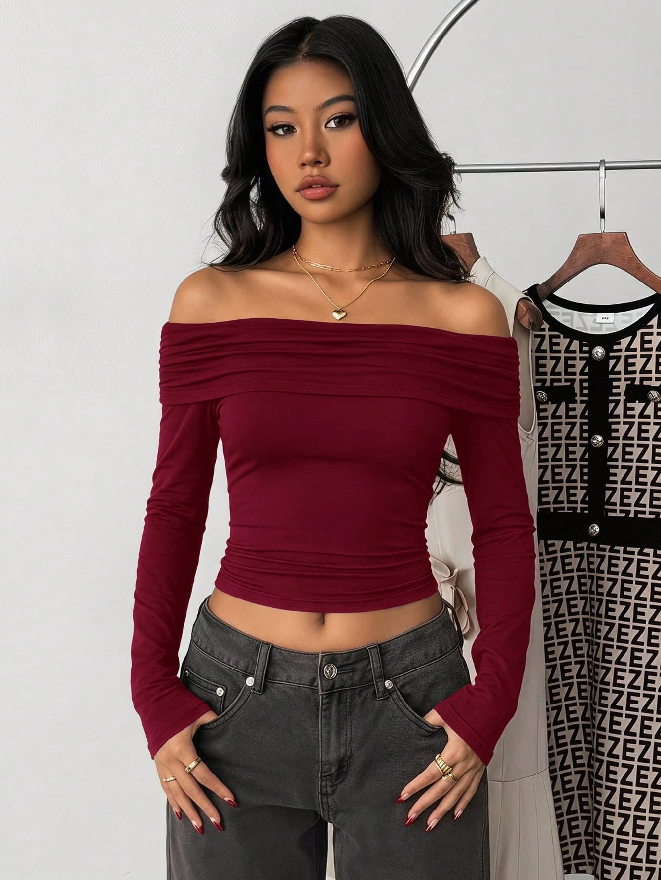 SHEIN Teen Girls Autumn New Burgundy Knitted Casual Minimalist Off-Shoulder Fitted Long Sleeve T-Shirt