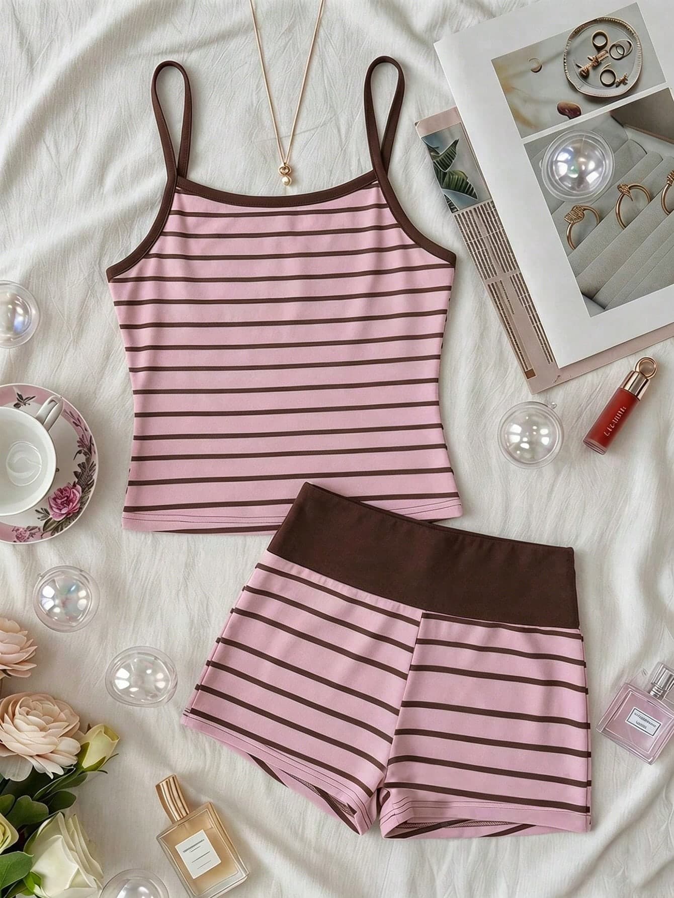 SHEIN Teen Girls' Pink & Brown Striped Knit Set, Summer Cami Top & Shorts, Casual Sports 2-Piece Tween Girl' Outfit