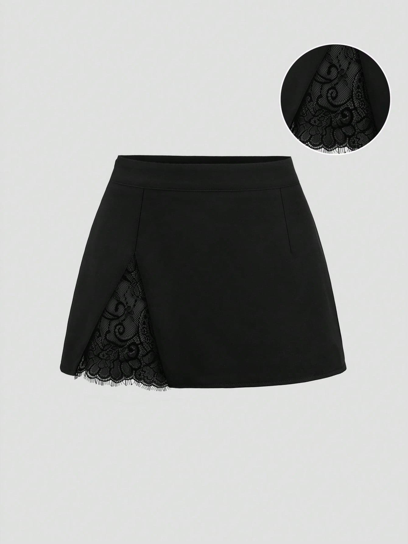 Sweetra Women's Elegant Sexy Lace Patchwork Slit Mini Skirt For Commuting