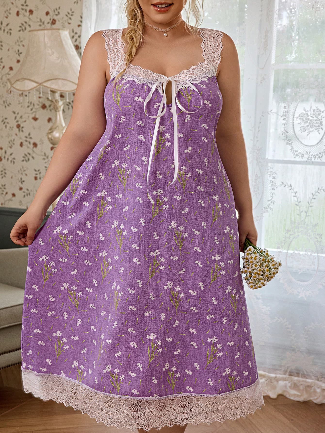 CottageSlumber Romantic Daisy Bubble Crinkle Print Lace Patchwork Plus Size Nightgown