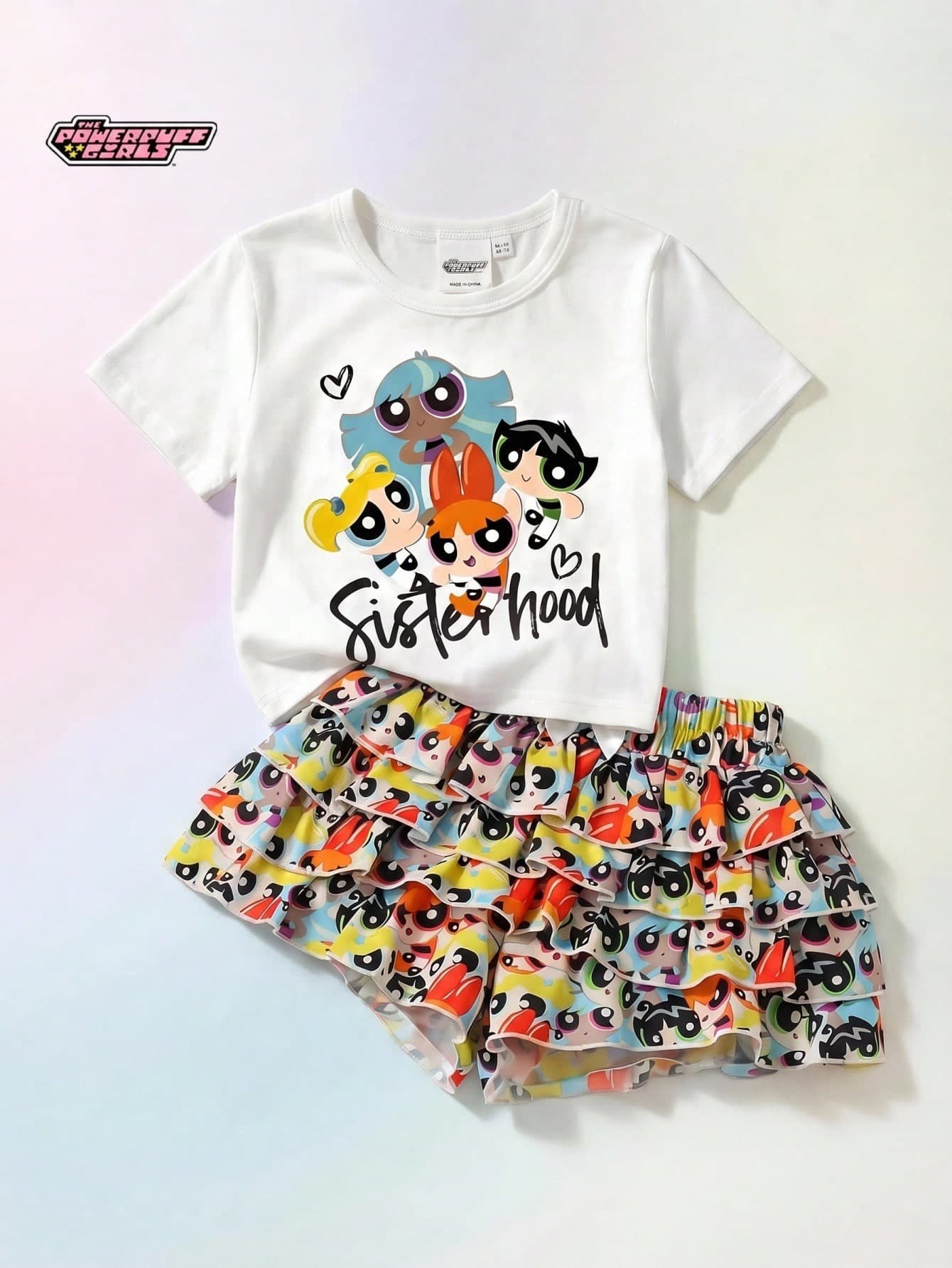 THE POWERPUFF GIRLS X SHEIN Maija Kids Young Girl Patterned Knit Soft Round Neck Short Sleeve Pullover T-Shirt And Elastic Waist Tiered Skirt Pants 2-Piece Set