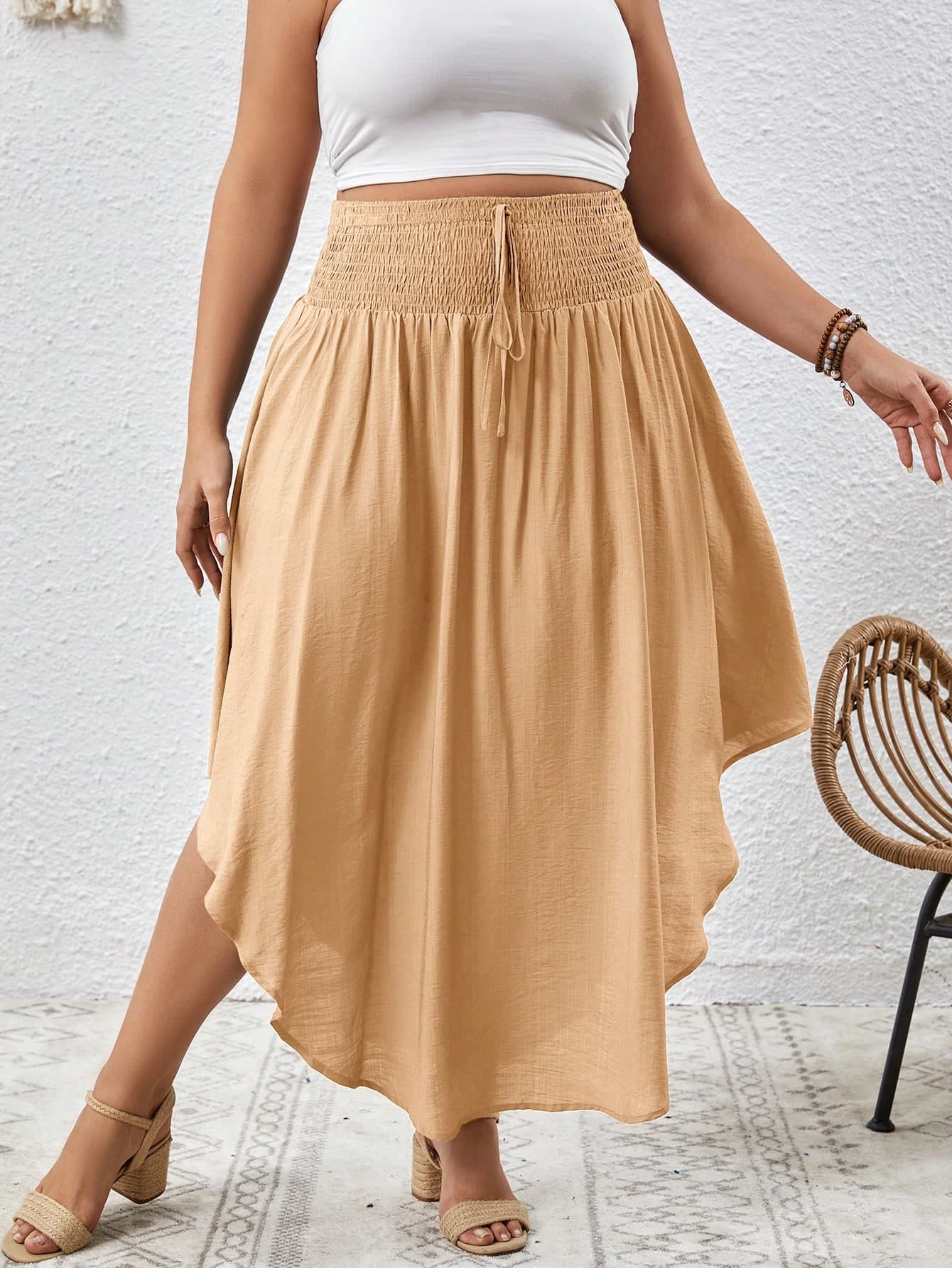SHEIN VCAY Plus Solid Curved Hem Tie Front Summer Skirt Beach Boho