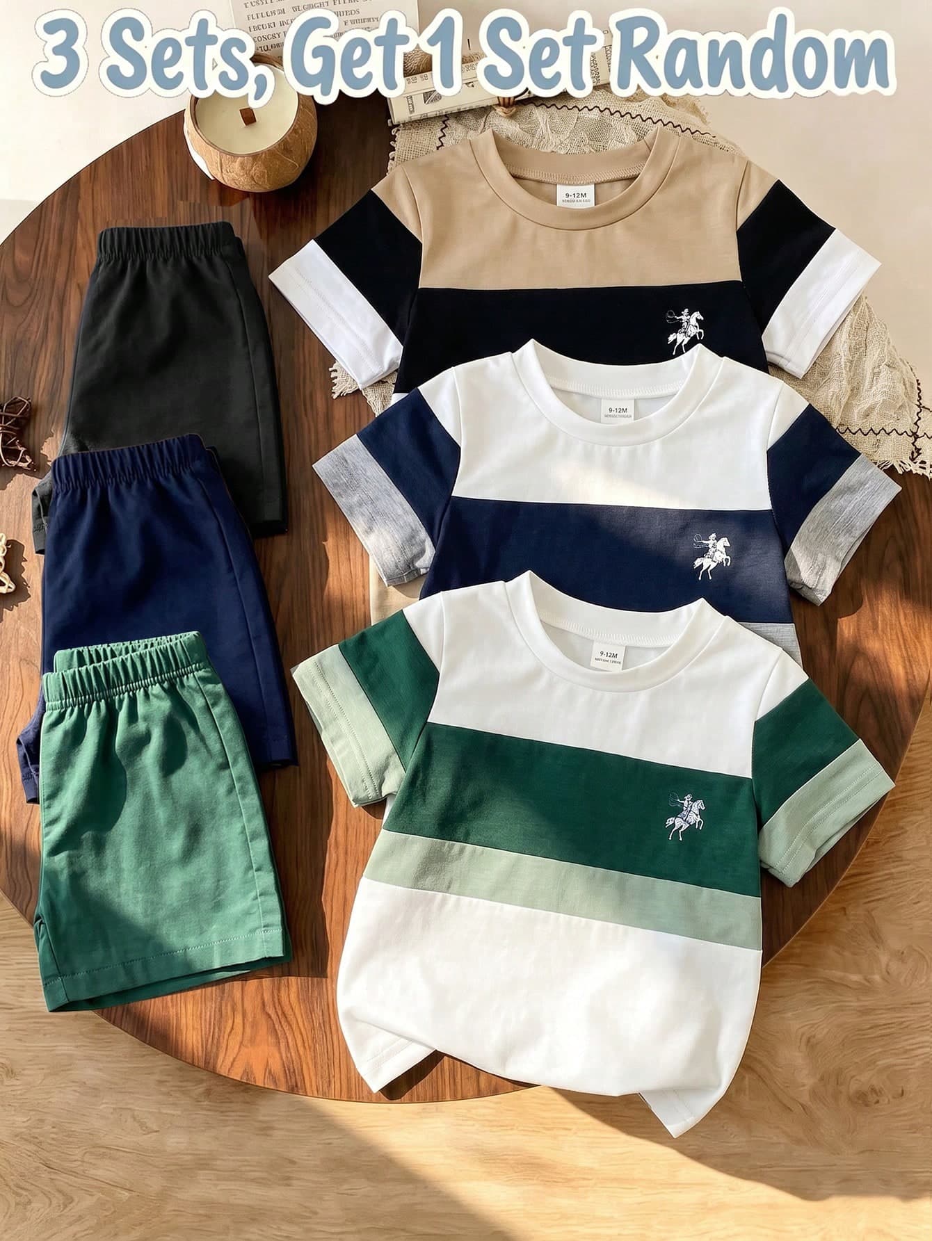 Souflis Souflis 2pcs/Set Baby Boy Spring/Summer Casual Minimalist White, Navy Blue, Grey Colorblock Print, Horse Graphic Decoration Round Neck Short Sleeve Top With Elastic Waist Woven Shorts. Simple Versatile Fashion Style, Suitable For Summer Outfits, Showcasing Boy's Personalized And Charm, Perfect For Baby Boy's Daily Casual Wear