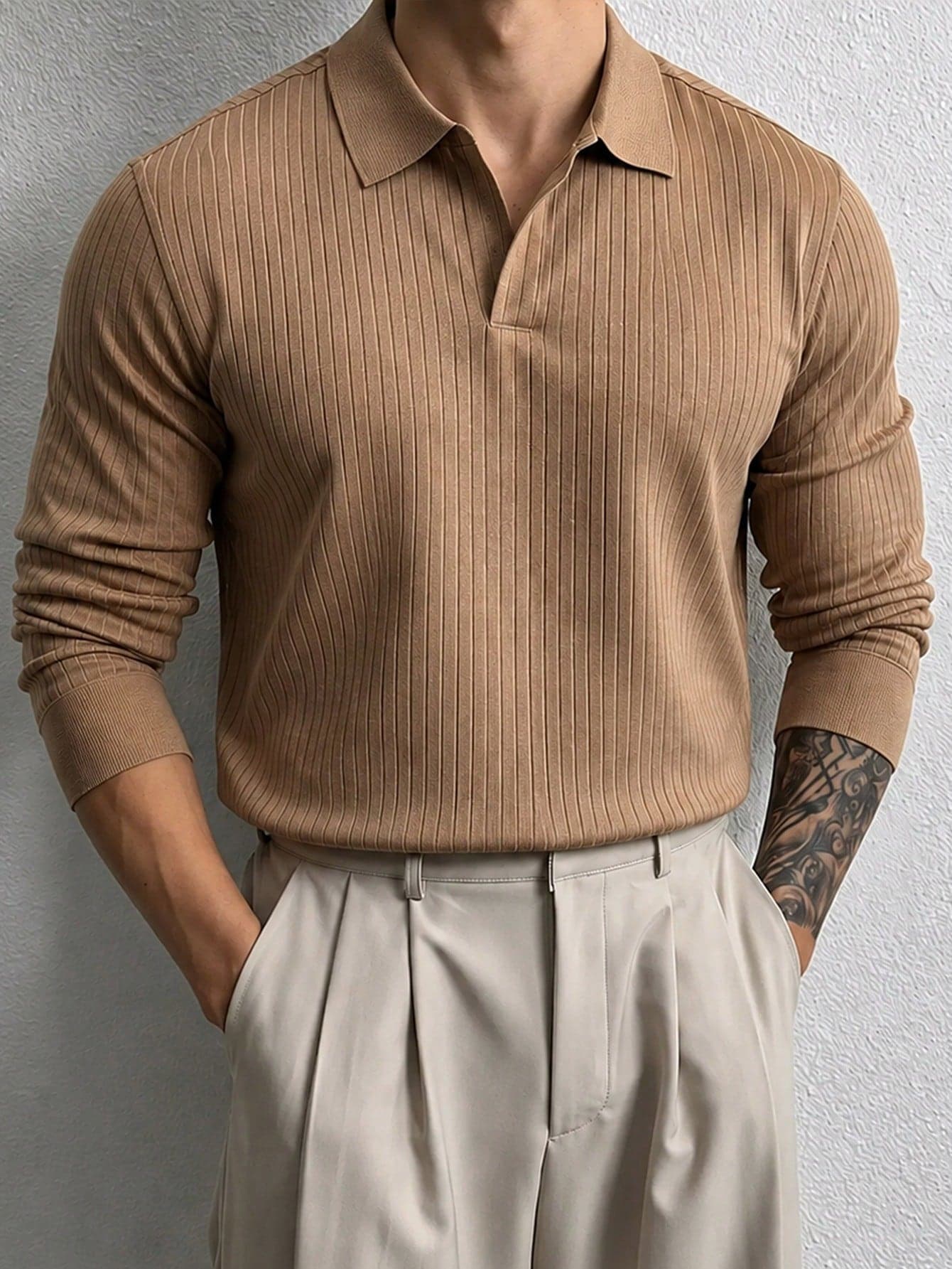 Manfinity Homme Men's Casual Solid Rib-Knit Long Sleeve Polo Shirt, Minimalist Versatile Daily Wear, Formal