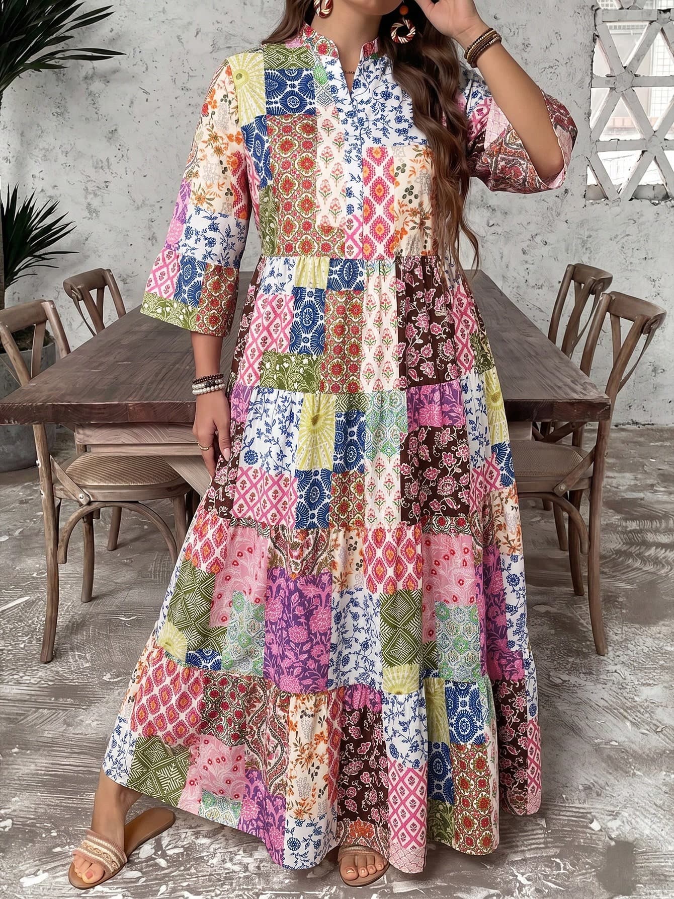 SHEIN LUNE Plus Size Boho Floral Print Casual 4-Layer Baby Doll Maxi Dress Midsummer Day Vacation Pink Summer