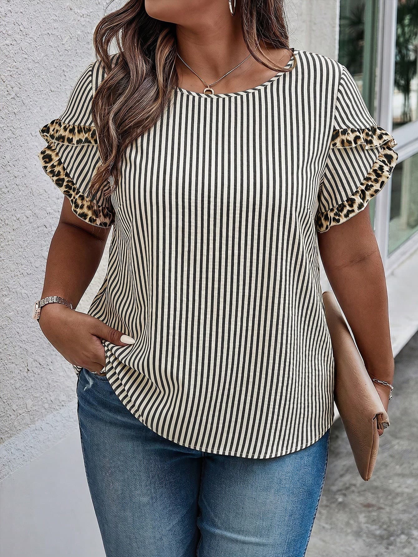 Weeklong Women's Plus Size Spring/Summer Casual Vacation Round Neck Striped Colorblock Leopard Print Petal Sleeve Blouse
