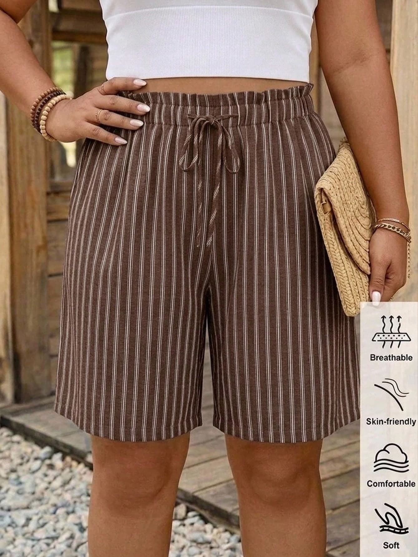 Comfylo Casual Minimalist Dark Brown Striped Plus Size Shorts Suitable For Summer