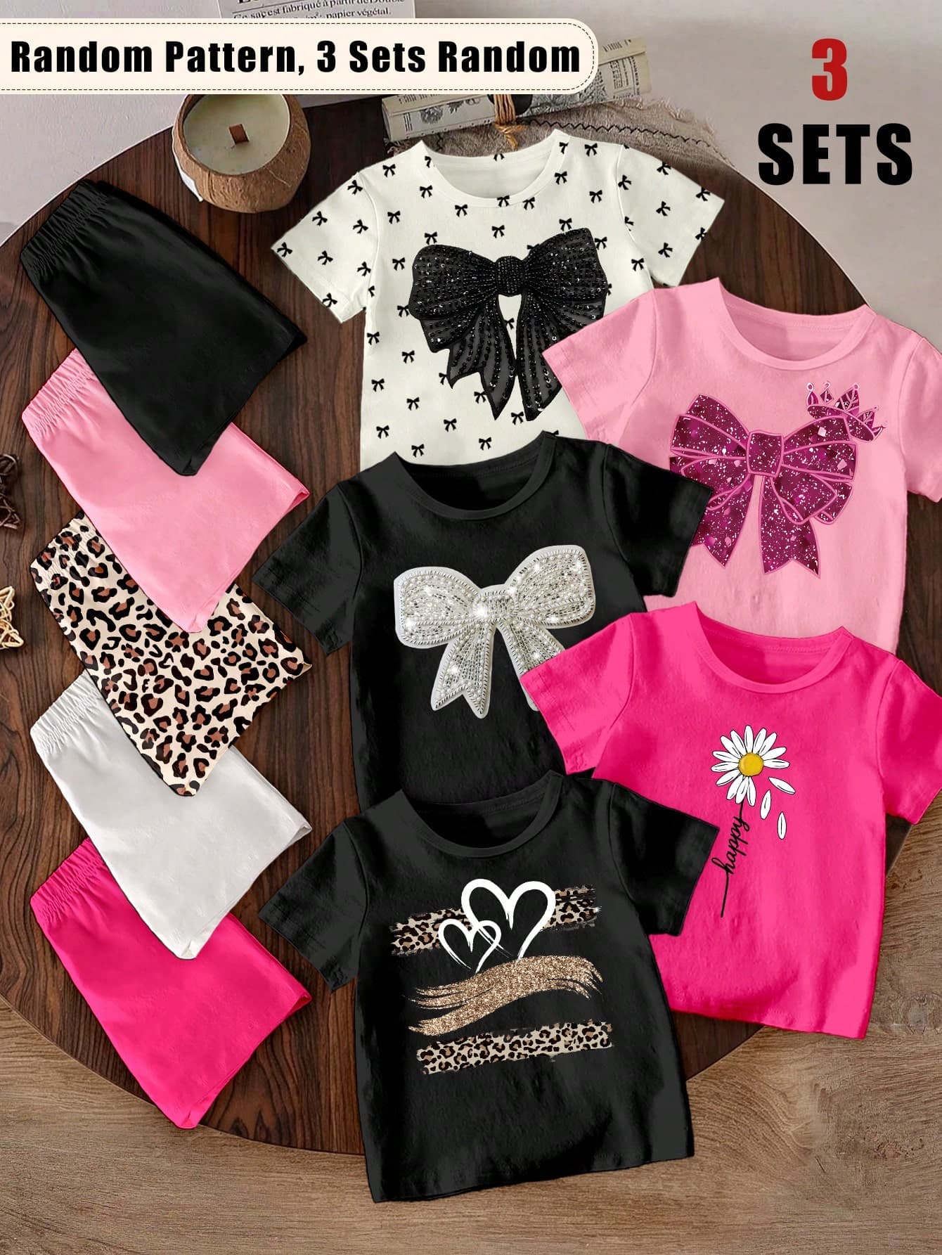 (Random 5 Sets, Send 3 Sets) Summer Girls' Shining Bow Crown Flower Leopard Love Pattern Printed Basic Short T+Shorts Set 6-Piece Set