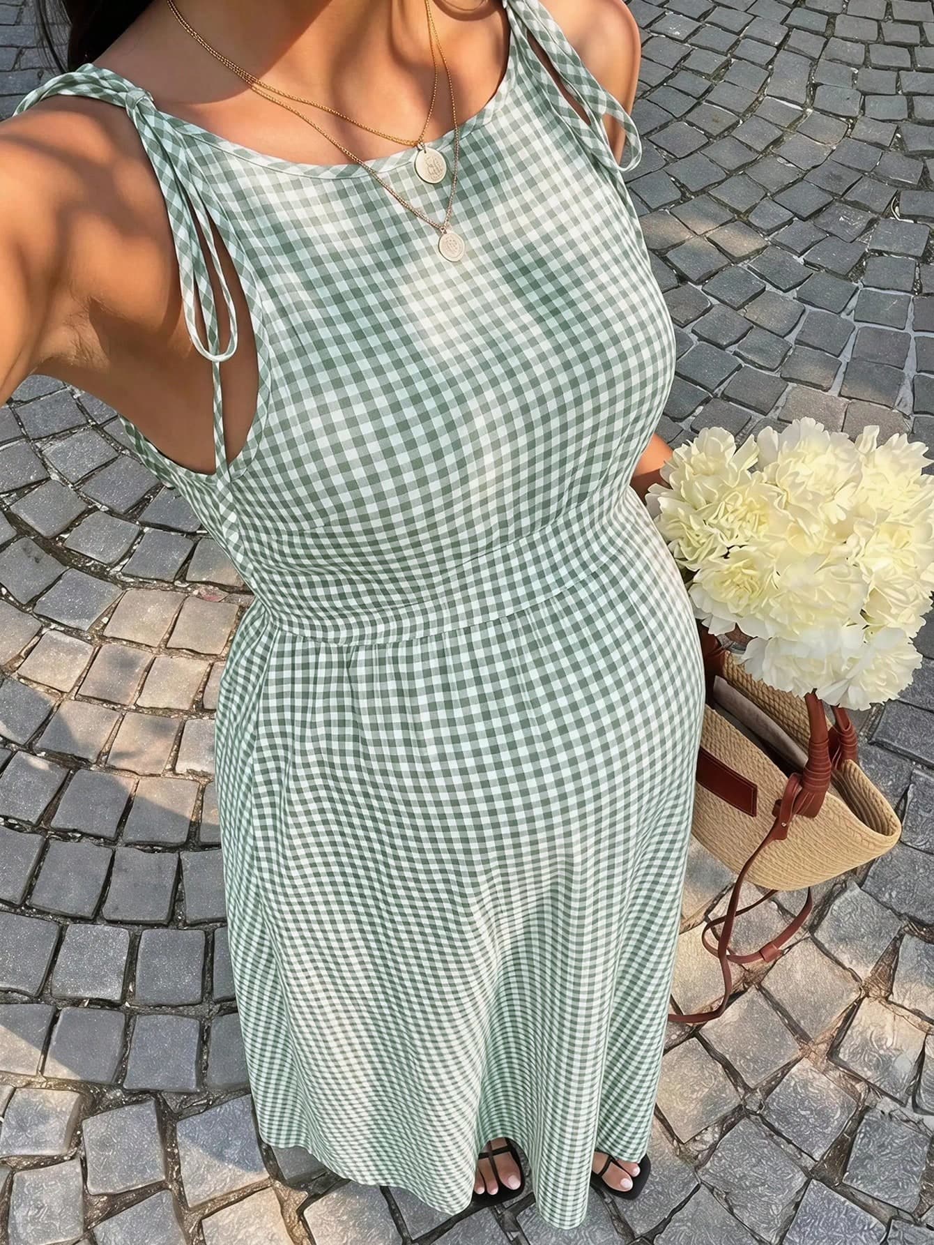 SHEIN Plaid Shoulder Tie Casual Sleeveless Dress For Pregnant Women