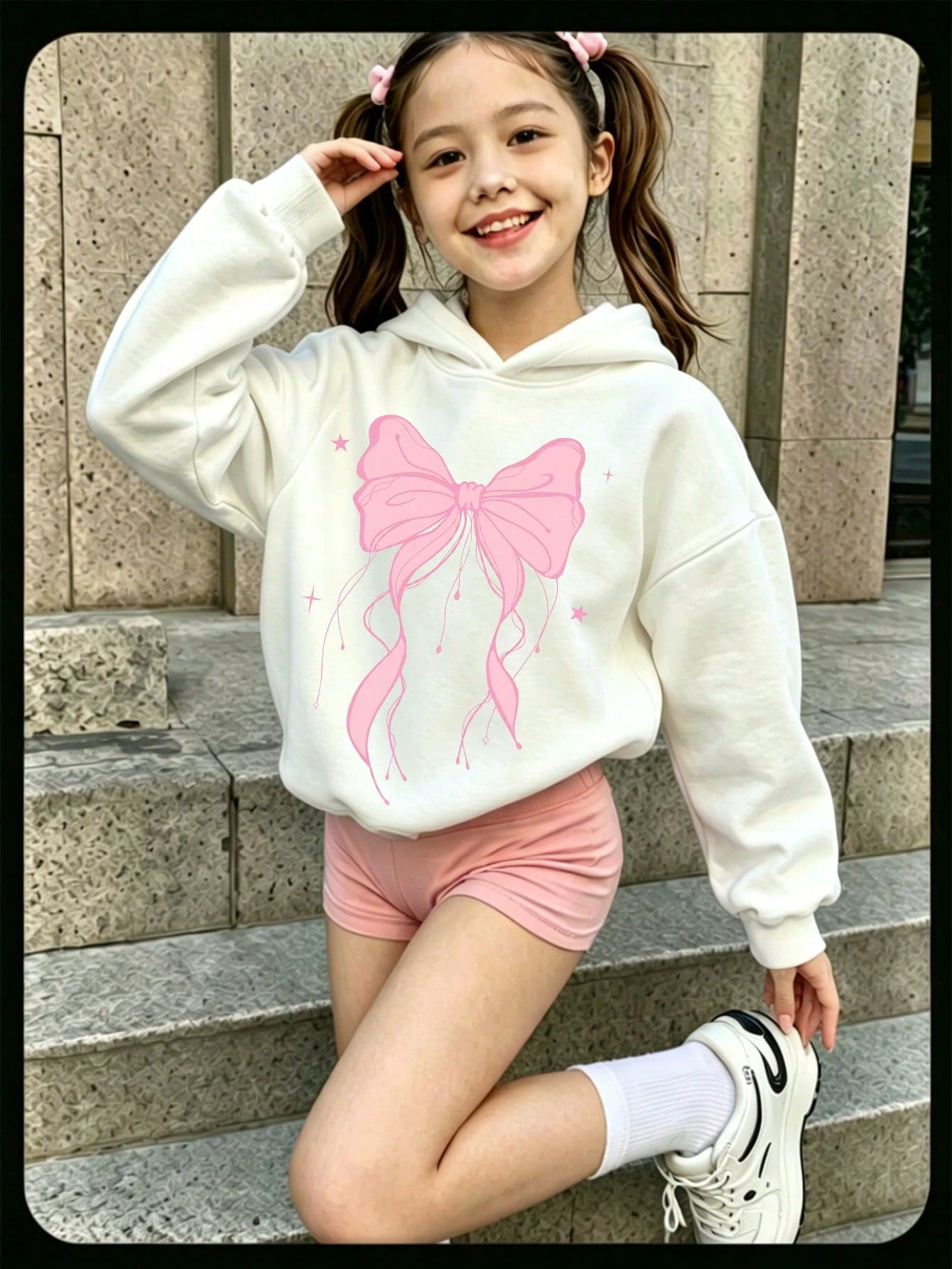 SHEIN Spring/Autumn/Winter Girls' Casual Fashion Creative Personalized Fresh Minimalist Cute Kawaii Cartoon Pink Bow & Heart Pattern Printed Casual Style Basic Round Neck Long Sleeve Sweatshirt, Comfortable Daily Wear Warm Summer And Autumn Style, Suitable For Spring, Autumn And Winter Girls' Lively Atmosphere Top