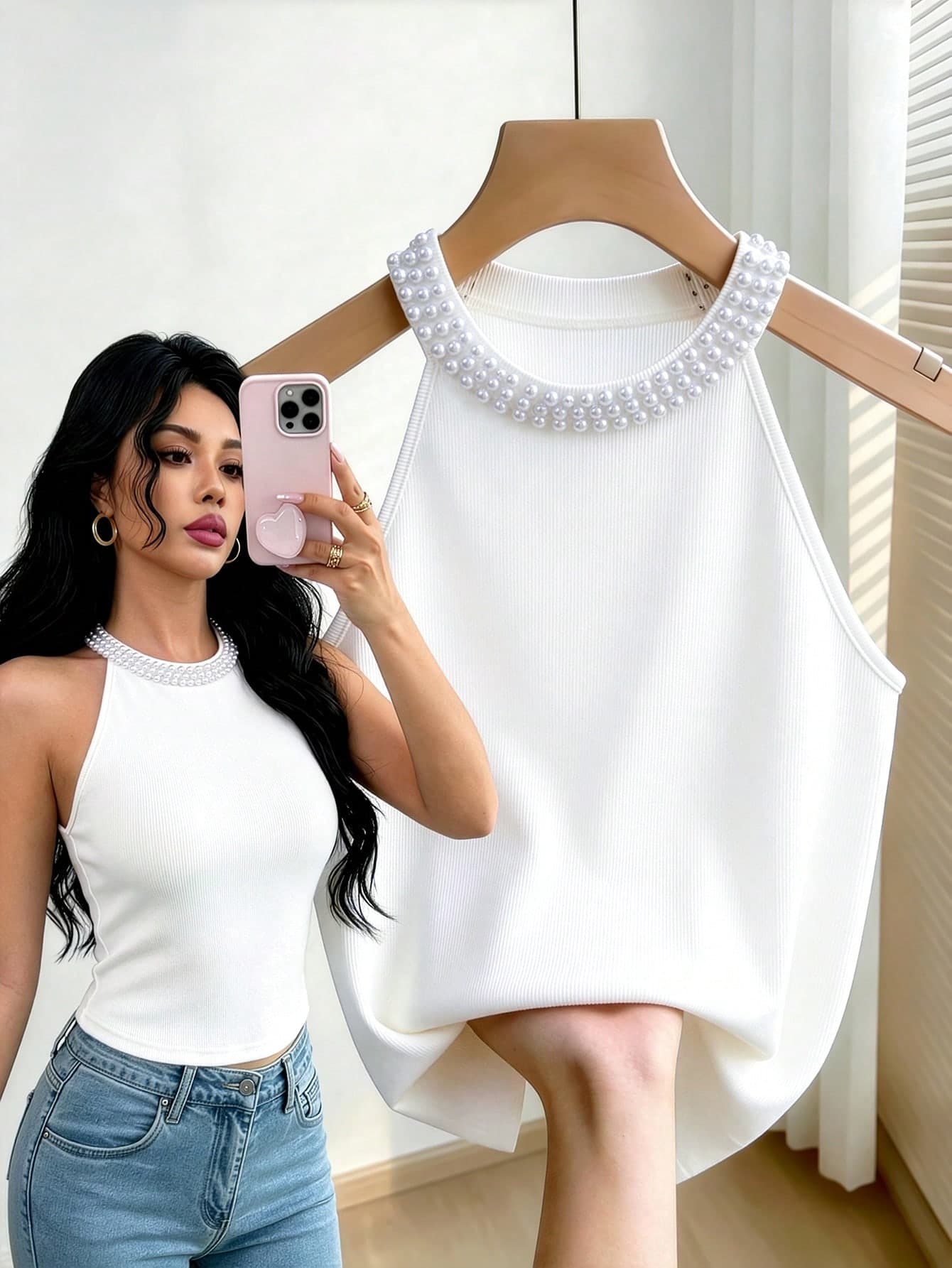 GlowEve CURVE Women's Large-Sized White Ribbed Pearl Collar Sleeveless Casual Daily Commuting Outing, Datewear Cardigan. Elegant, Pearl, Fashionable, Summer Top.