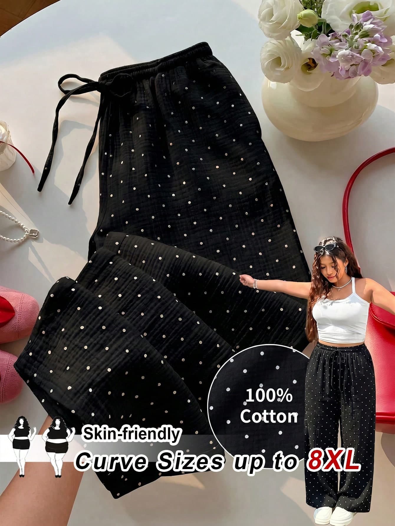 SHEIN CURVE+ Plus Size Women's Polka Dot Print Loose Wide Leg Pants, Suitable For Daily, Commute, Vacation, Spring, Summer, Autumn Wear