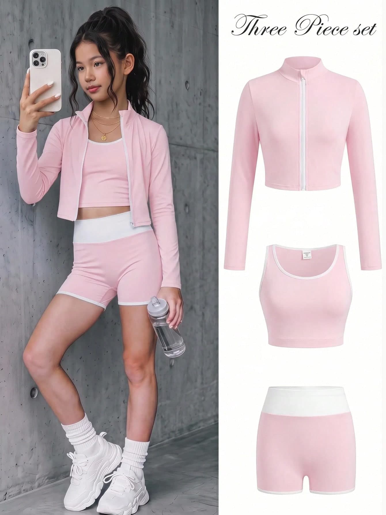 Girlism Kids Tween Girls Spring Summer Autumn Winter New Knitted Pink Colorblock White Solid Color Long Sleeve Stand Collar Zip-Up T-Shirt Vest Cycling Leggings 3-Piece Set, Sportswear, Basic Minimalist Casual