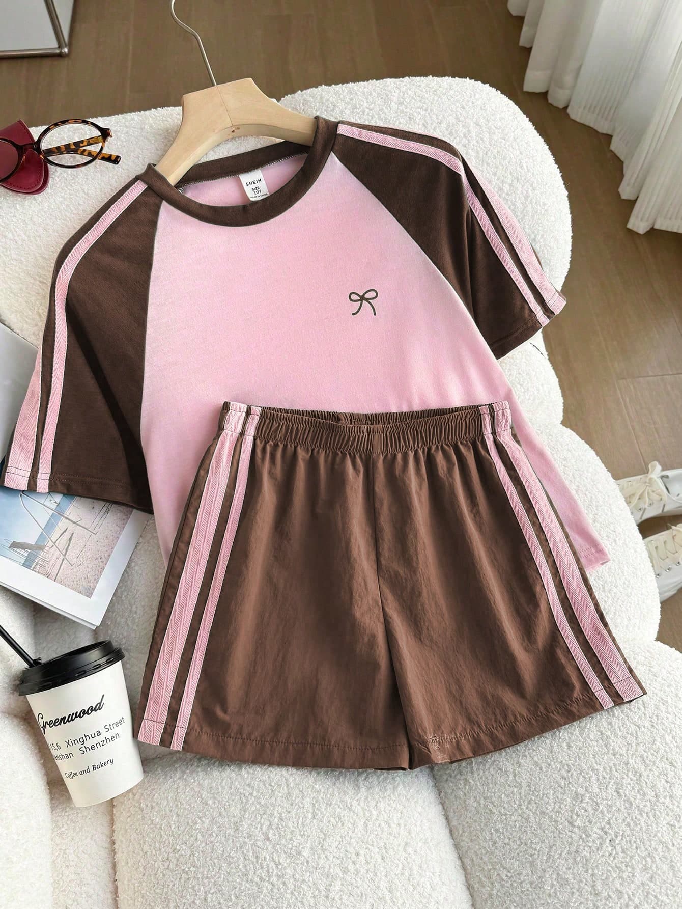 Elladie kids Young Girl Round Neck Bow Print Colorblock Short Sleeve T-Shirt And Shorts Casual Daily Outfit