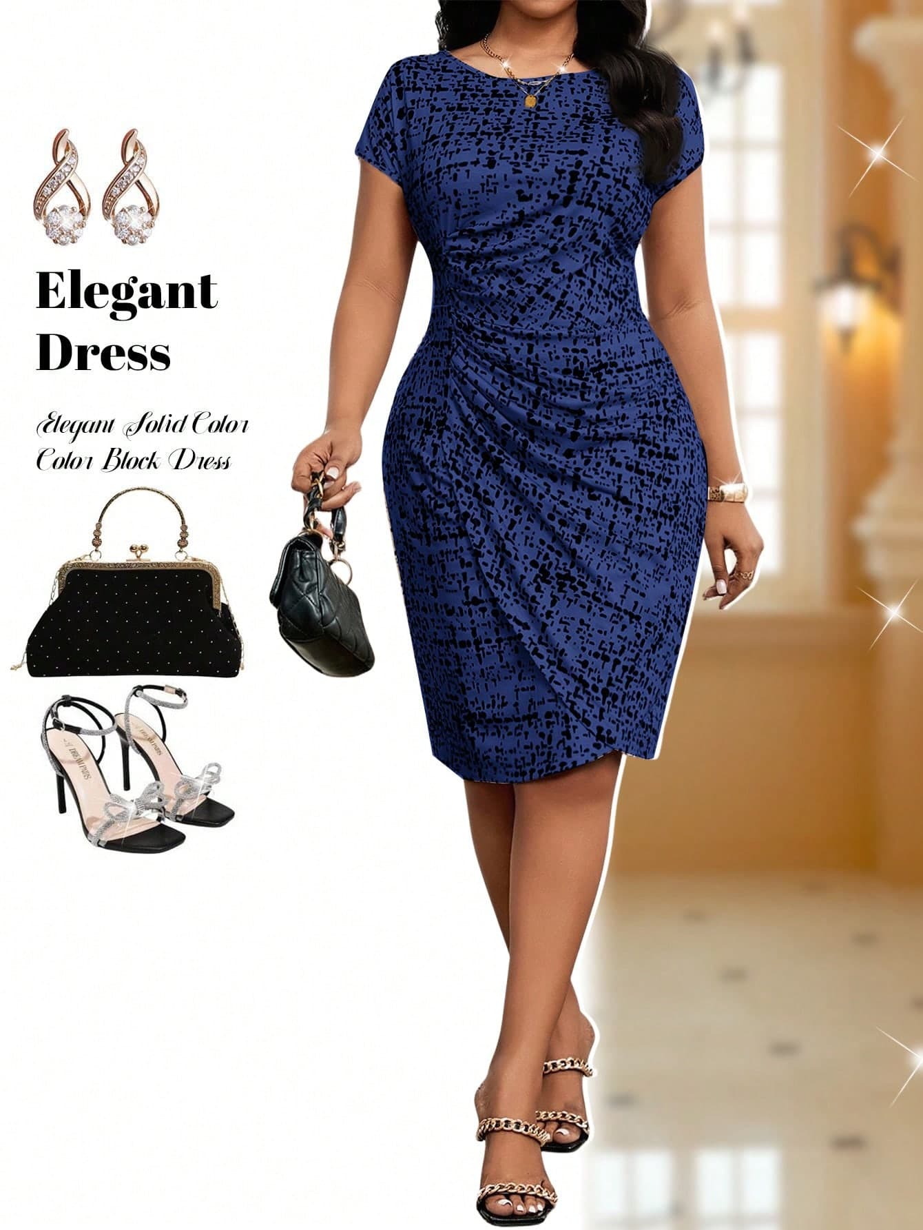 Fleurora Plus Size Women's Navy Blue Round Neck Short Sleeve Pleated Elegant Dress Cocktail Summer