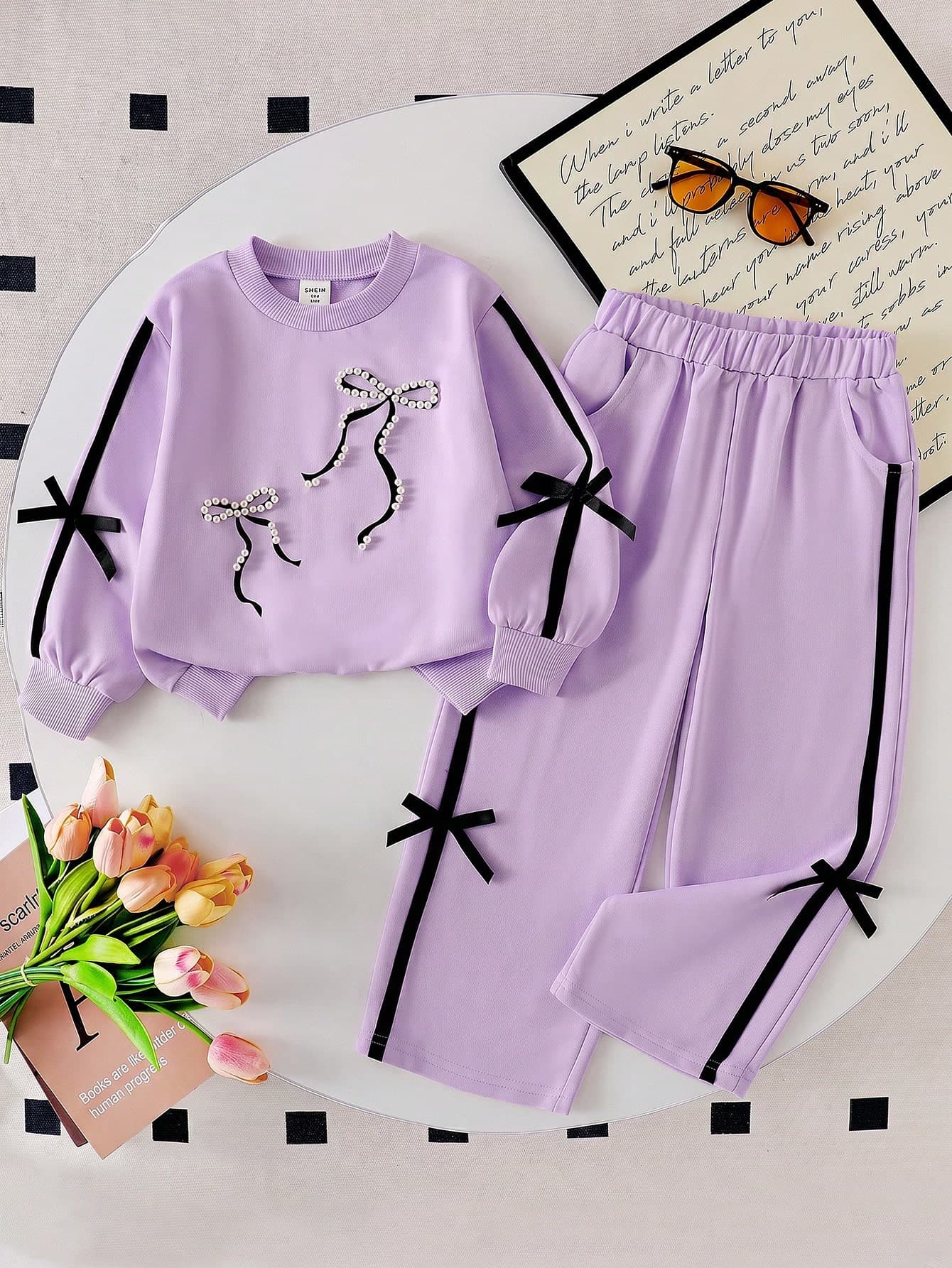 Genkimix Kids Young Girls Apricot Woven Ribbon Bow Round Neck Sweatshirt With Delicate Design Pearl Detail And Pocket Straight Leg Pants Set