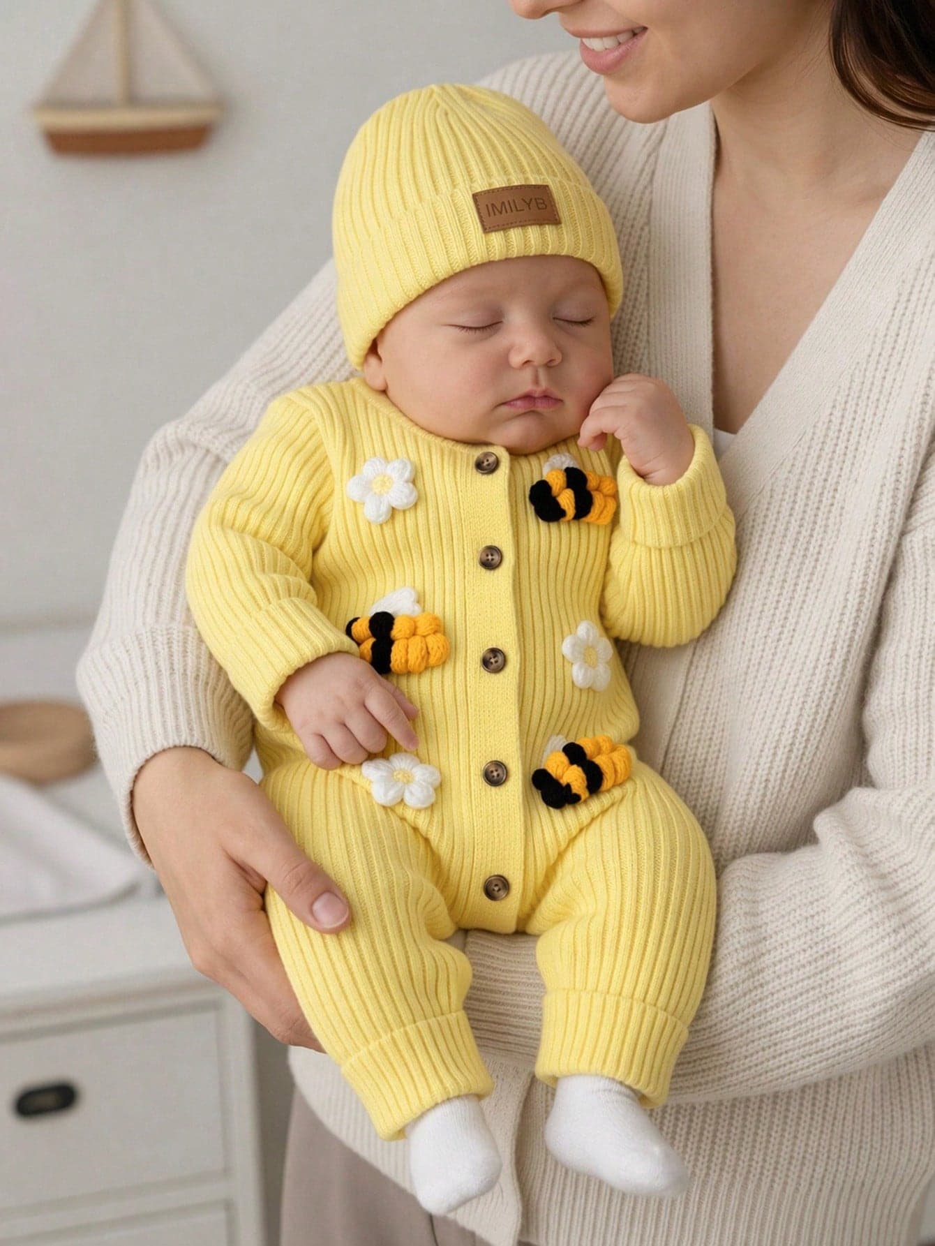 SHEIN Newborn Baby Round Neck Button Front Long Sleeve Yellow Ribbed Knit Autumn Winter Romper