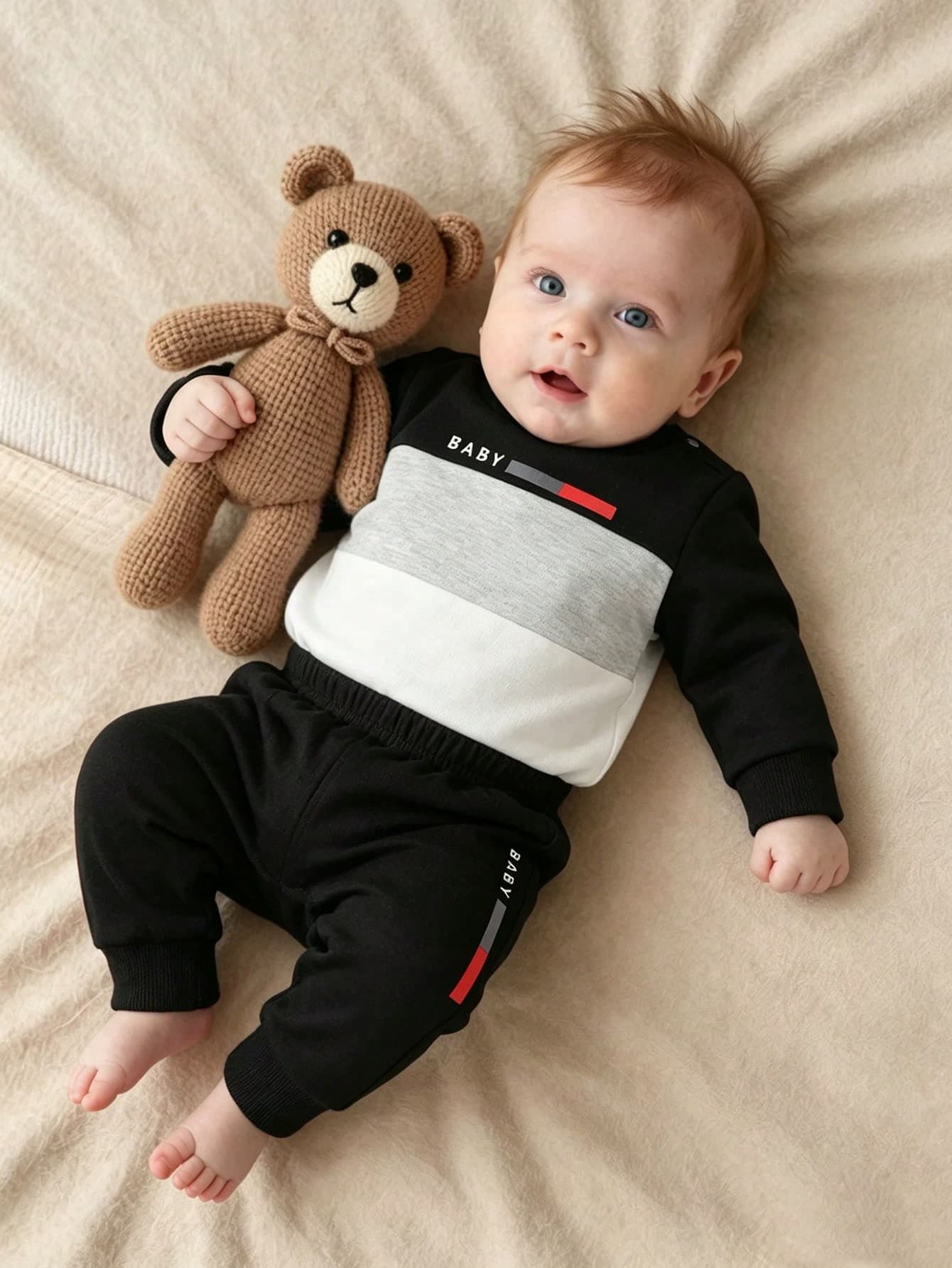 SHEIN Newborn Male Baby Navy Black And White Striped Long Sleeved Teddy Bear Pattern Top Pants Set Cute