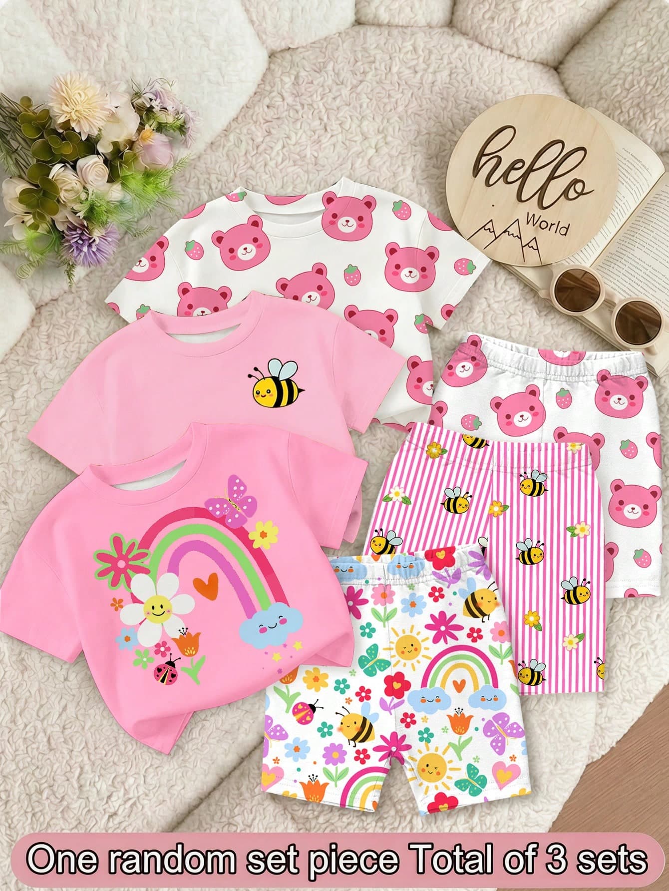 Baby Girl Casual Cute Honey Pattern, Pink & White Striped, Round Neck Short Sleeve T-Shirt & Leggings Set, Suitable For Spring/Summer, Surprise Blind Box, Graphic, Kawaii, Cozy, Ladybug, Vacation, Summer Sets