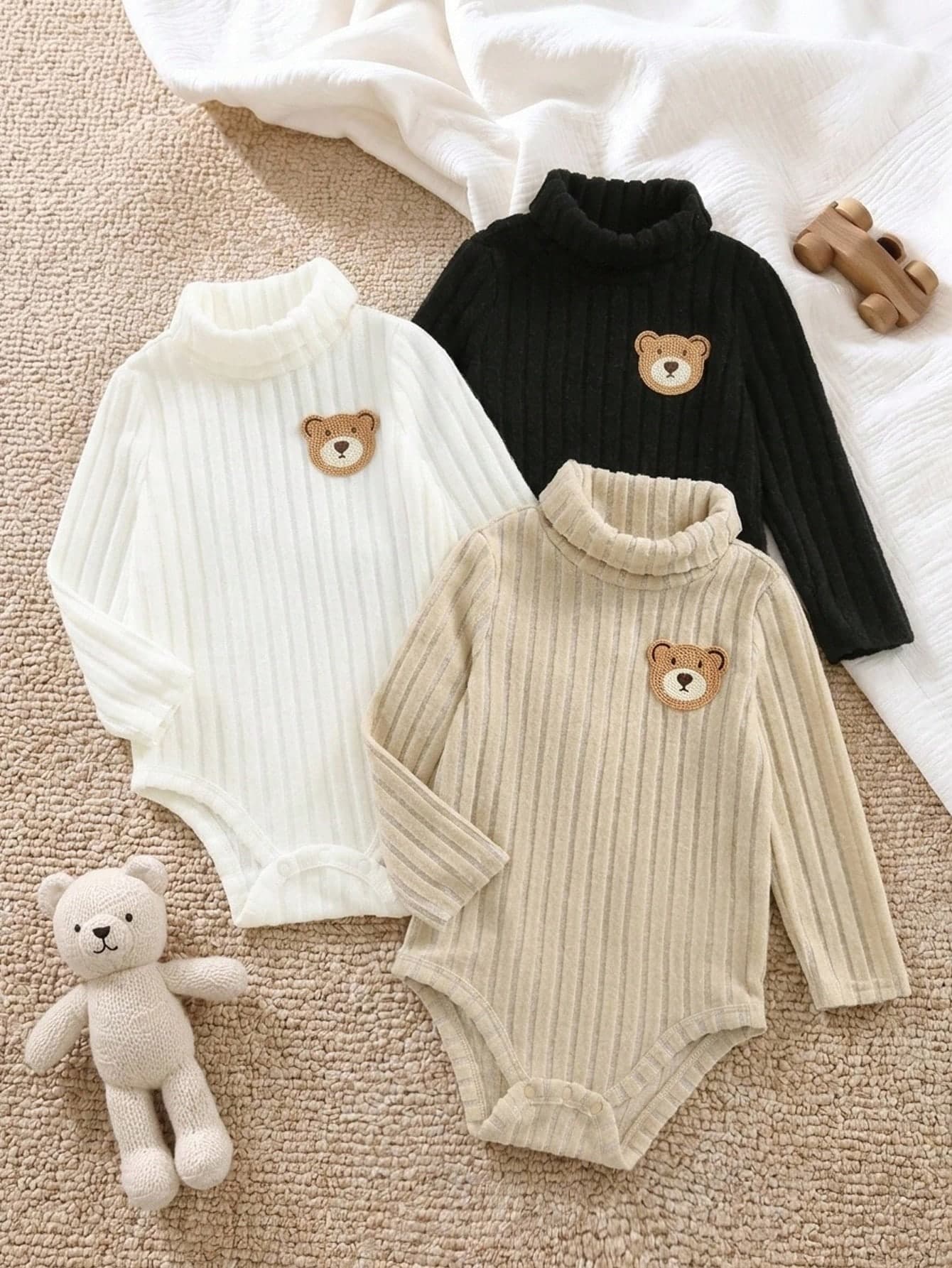 Baby Boy Cartoon Bear Patch Knit Soft Round Neck Long Sleeve Bodysuit 3pcs Pieces Set Autumn/Winter