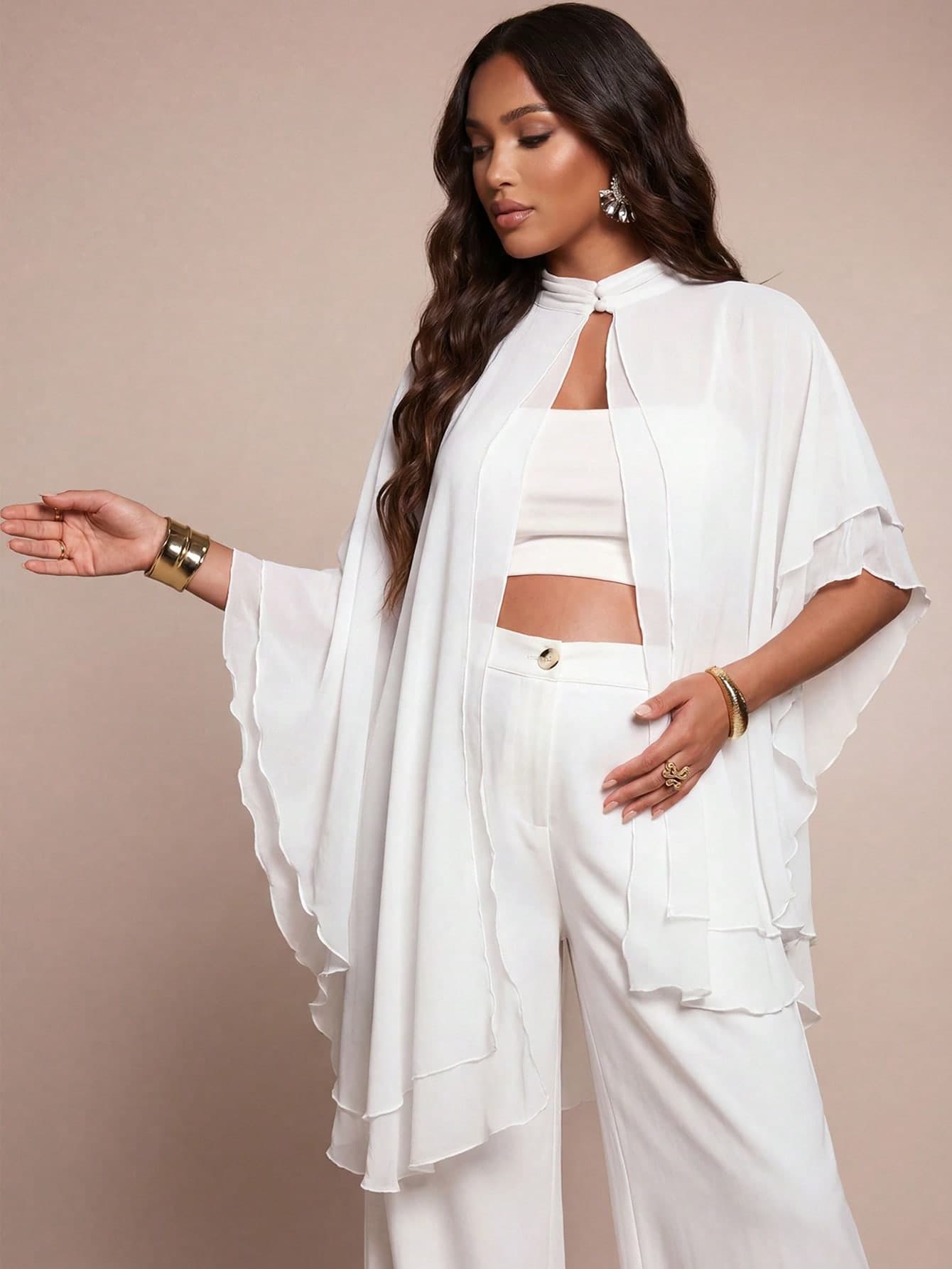 MaterniChic Maternity 2-Way Wear Solid Color Stand Collar Asymmetric Hem White Top Autumn Outfit Wedding Guest Luxury Evening Work Outfits