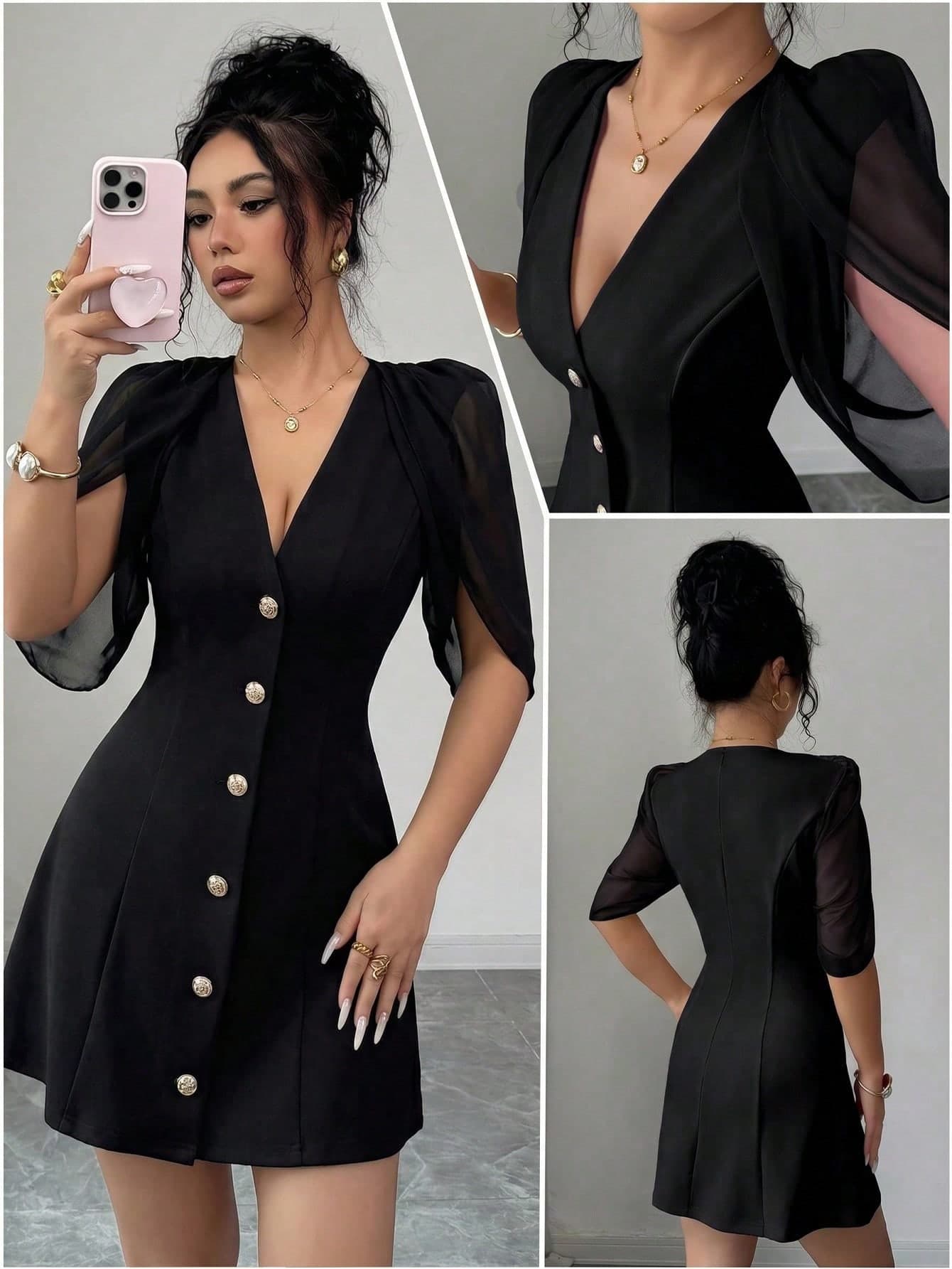 Elenzga Fabric Patchwork Cinched Waist V-Neck A-Line Elegant Romantic Women's Dress