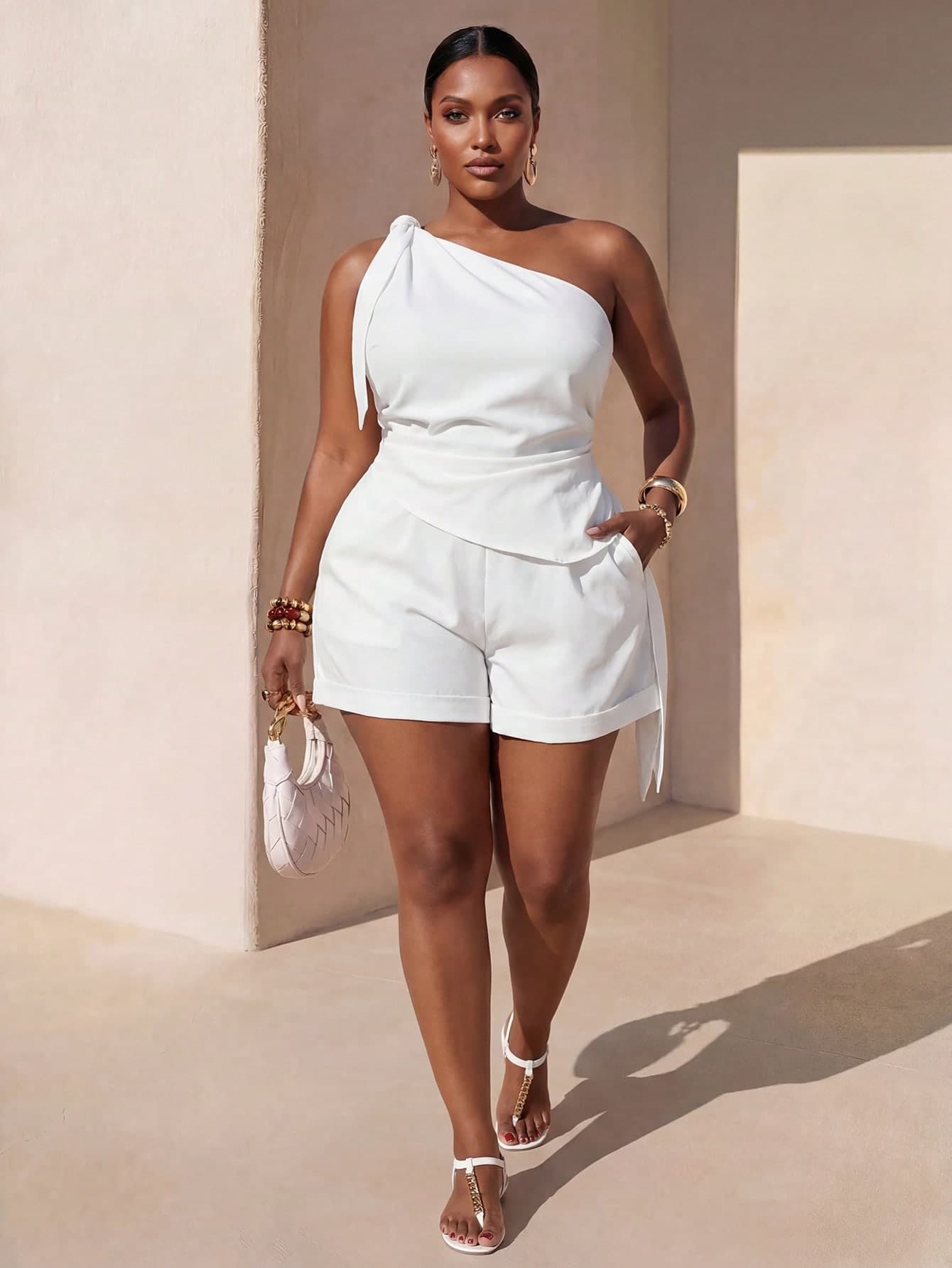 Zivah Autumn & Winter New Arrivals, Women's Fall/Winter Clothes, Halloween, Music Festival, Easter, Western, Nomadic Style, Birthday Party, Graduation, Student, Daily Wear, Casual, Vacation, Cruise Travel, Beach, Sunbathing, Fashionable, Women Plus Size White One-Shoulder Tie Bow Blouse + Elastic Waist Shorts Lounge Set Valentine's Day Outfit
