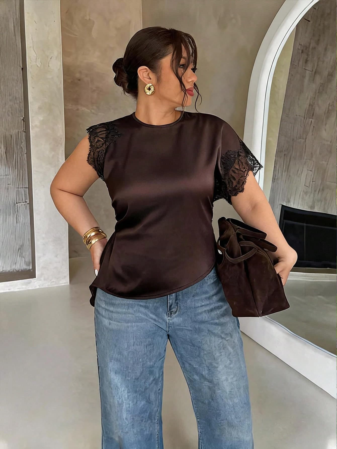 Firerie Plus Size Women's Contrast Lace Short Sleeve Round Neck Elegant Blouse Elegant Office Business Work Brown Blouse For Women Elegant Summer Daily Blouse