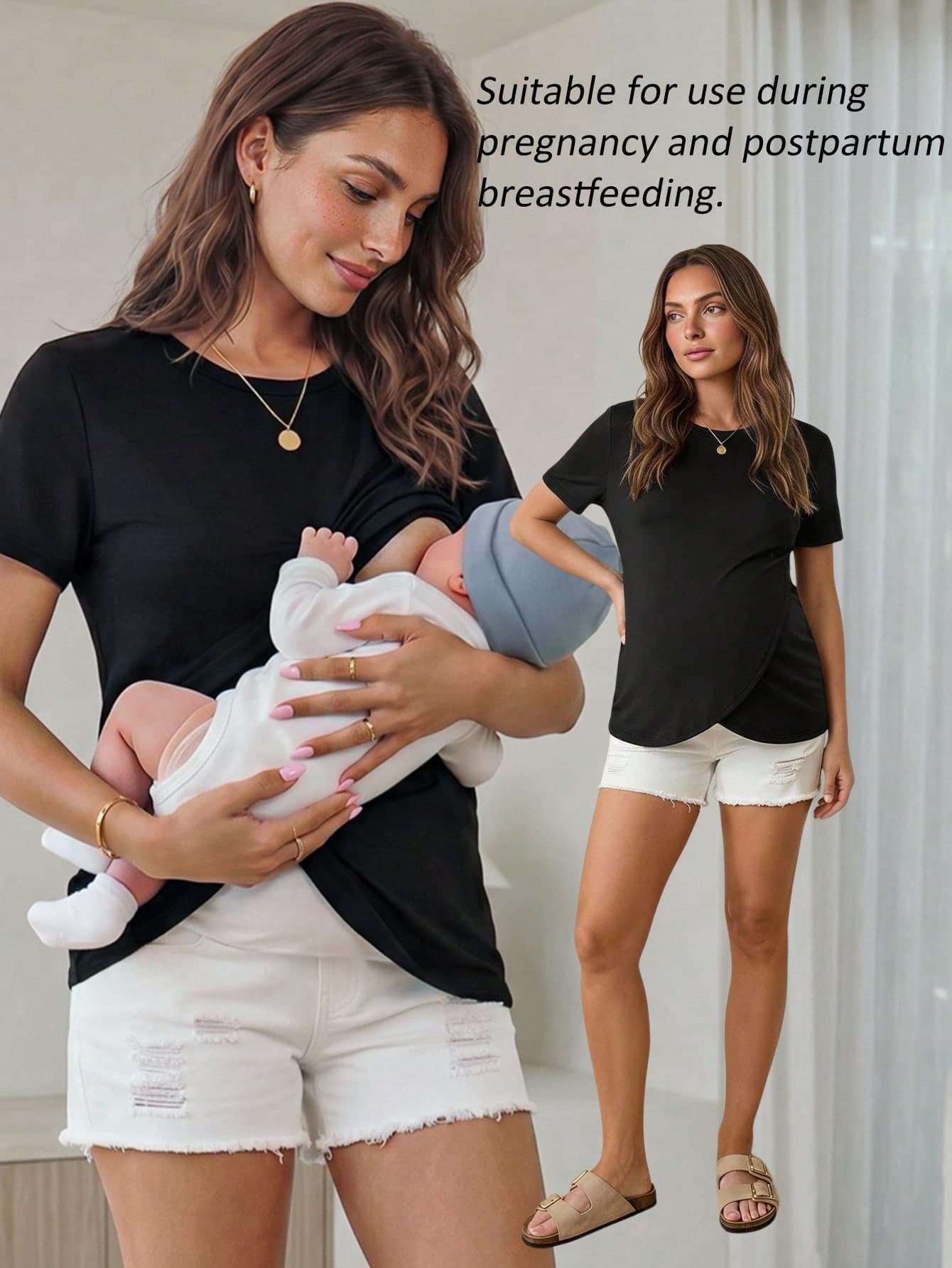 Slowluna Maternity Solid Color Nursing Function Casual Versatile Daily Outing Short Sleeve Top Loungewear