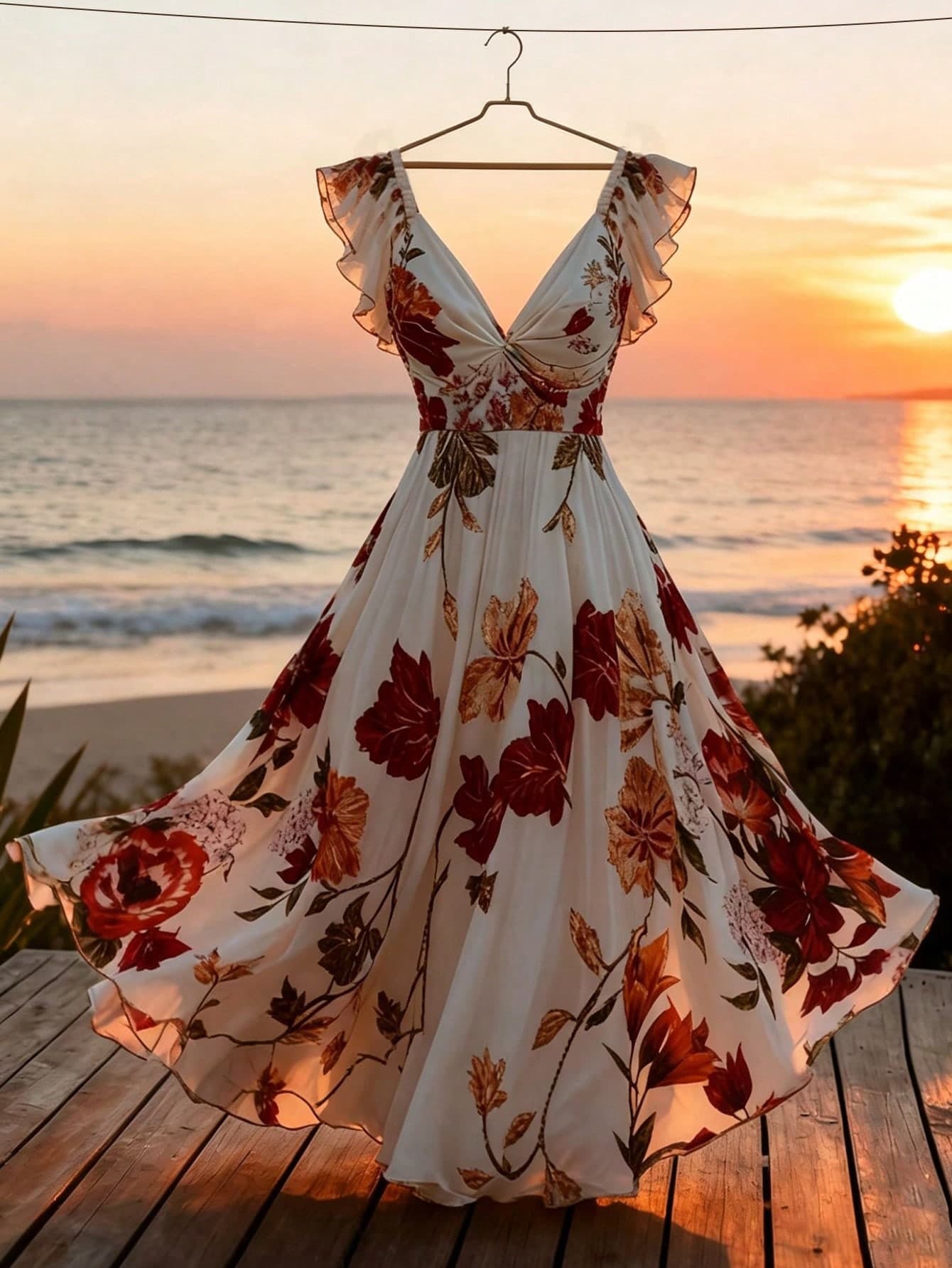 Femmeverse Plus Size Floral Print Heart Neckline Ruched Design Dress
