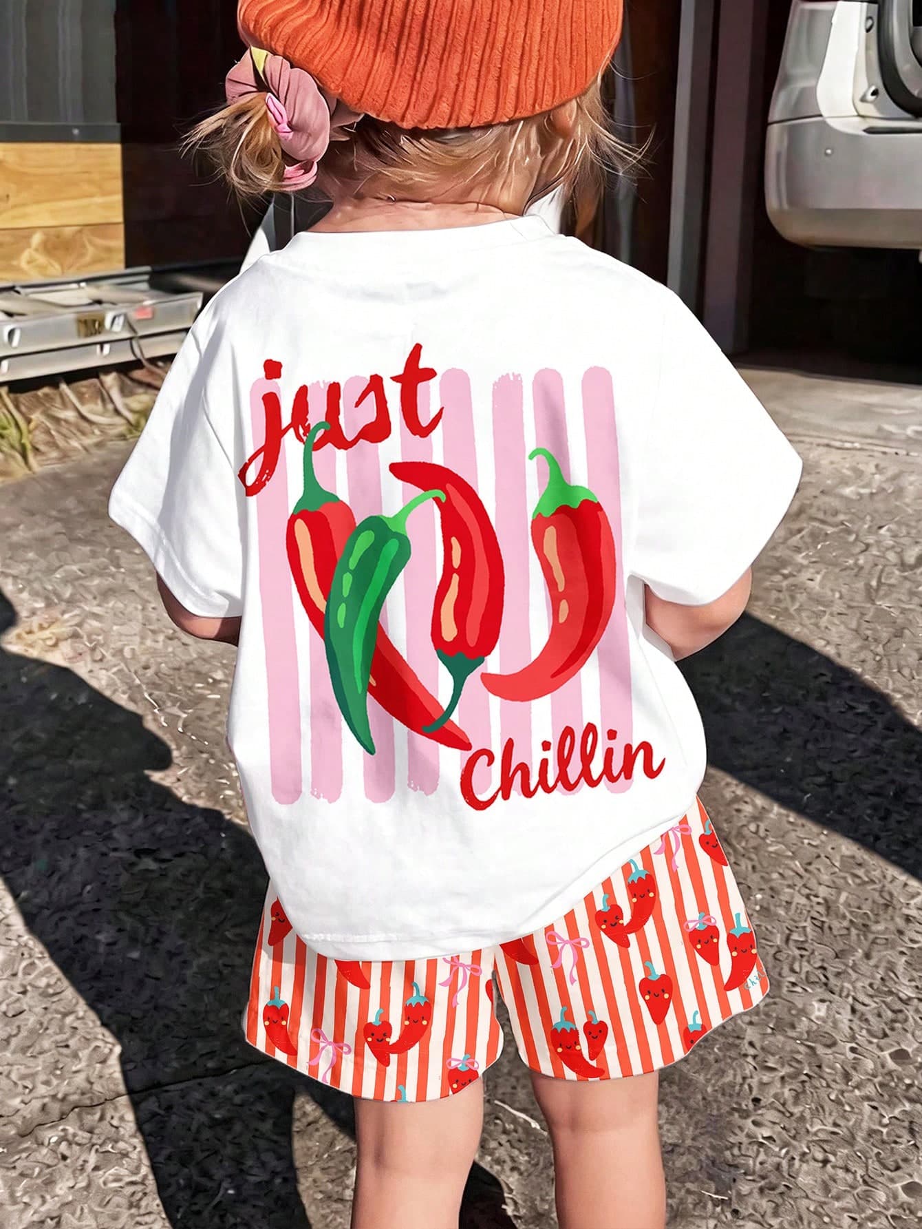 THE HAPPY LOOK Baby Girls Simple Casual Cute Fun Vintage Pastoral Chili Pepper Color Block Striped Bow Heart Pattern T-Shirt And Shorts Two Pieces Set Summer